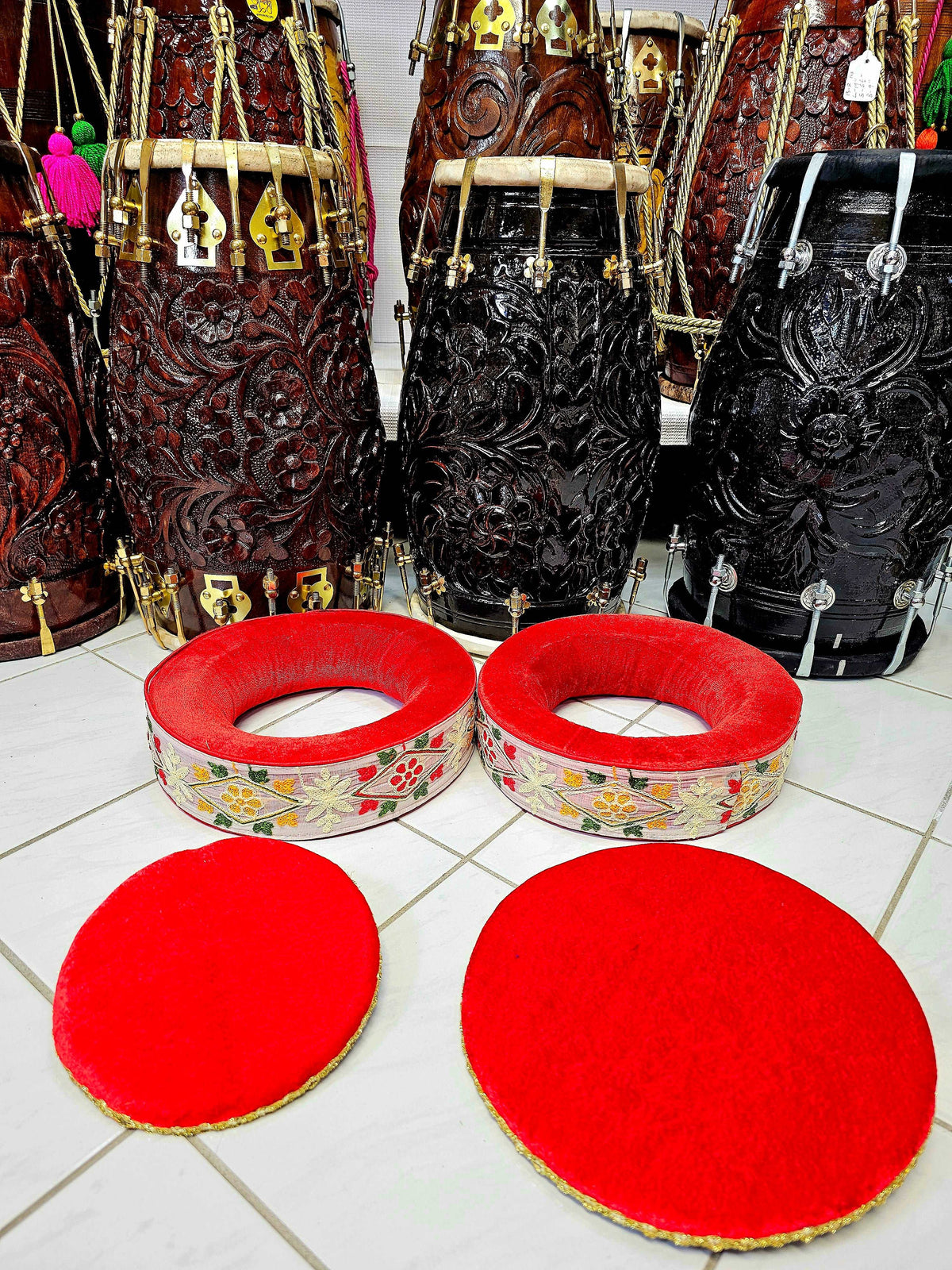 Artisanal Elegance: Premium Red Tabla Rings with Handcrafted Red, White, and Green Sewn Floral Design