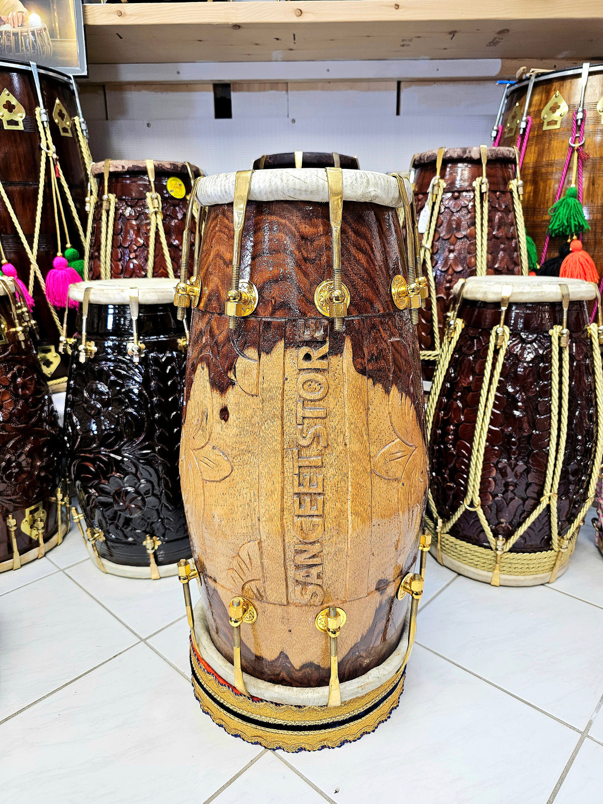 Sangeet Harmony 2-Tone Red Sheesham Engraved Dholak with Pure Brass Bolts