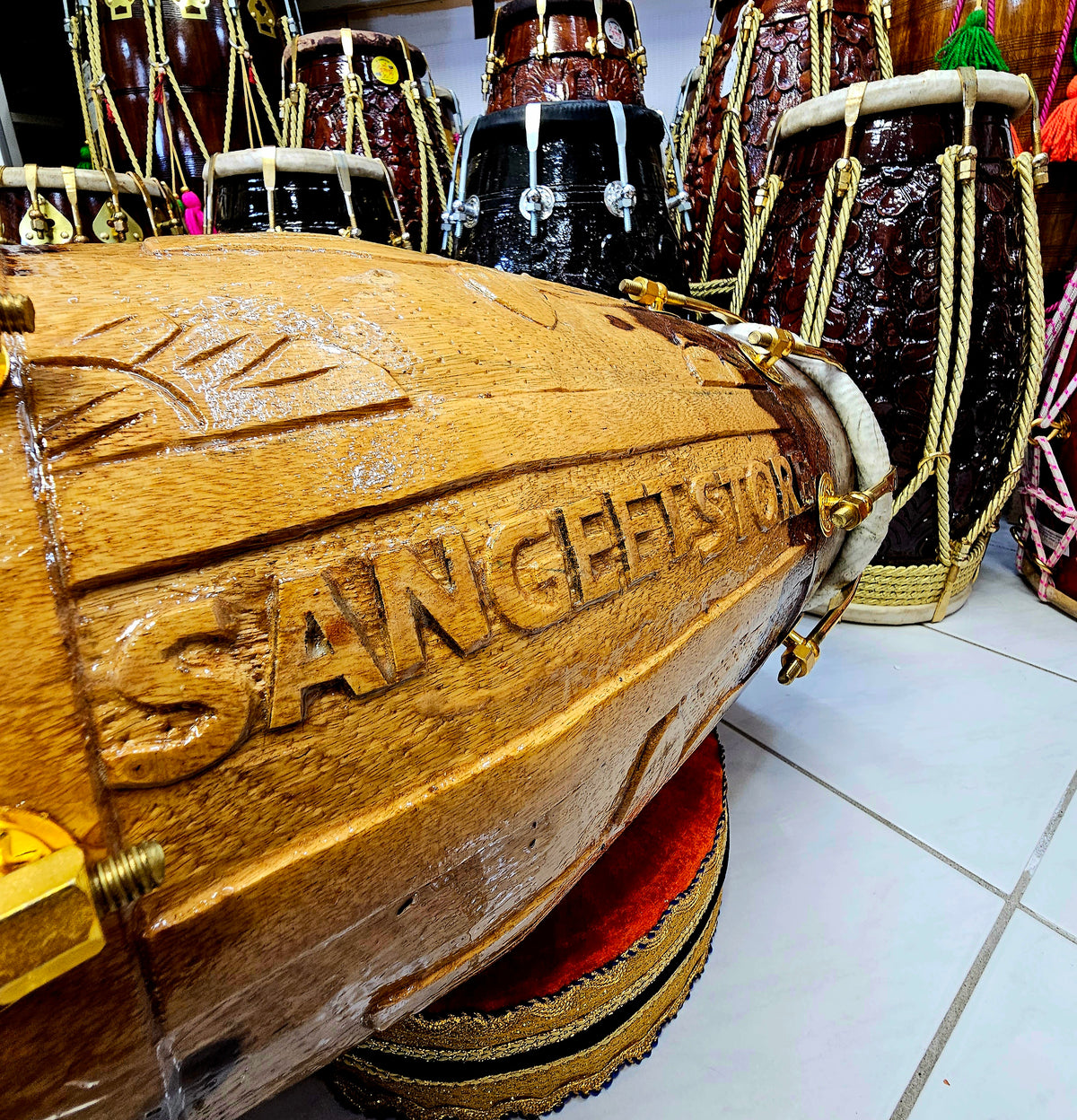Sangeet Harmony 2-Tone Red Sheesham Engraved Dholak with Pure Brass Bolts