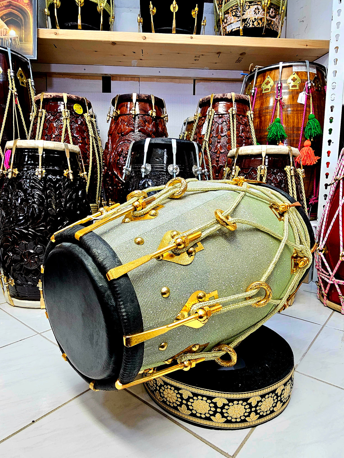 Radiant Rhythms: Sparkly Sherwani Wrapped Red Sheesham Dholak with Golden Brass Bolts and Black Pudis (Minor Fabric Rip Defects)