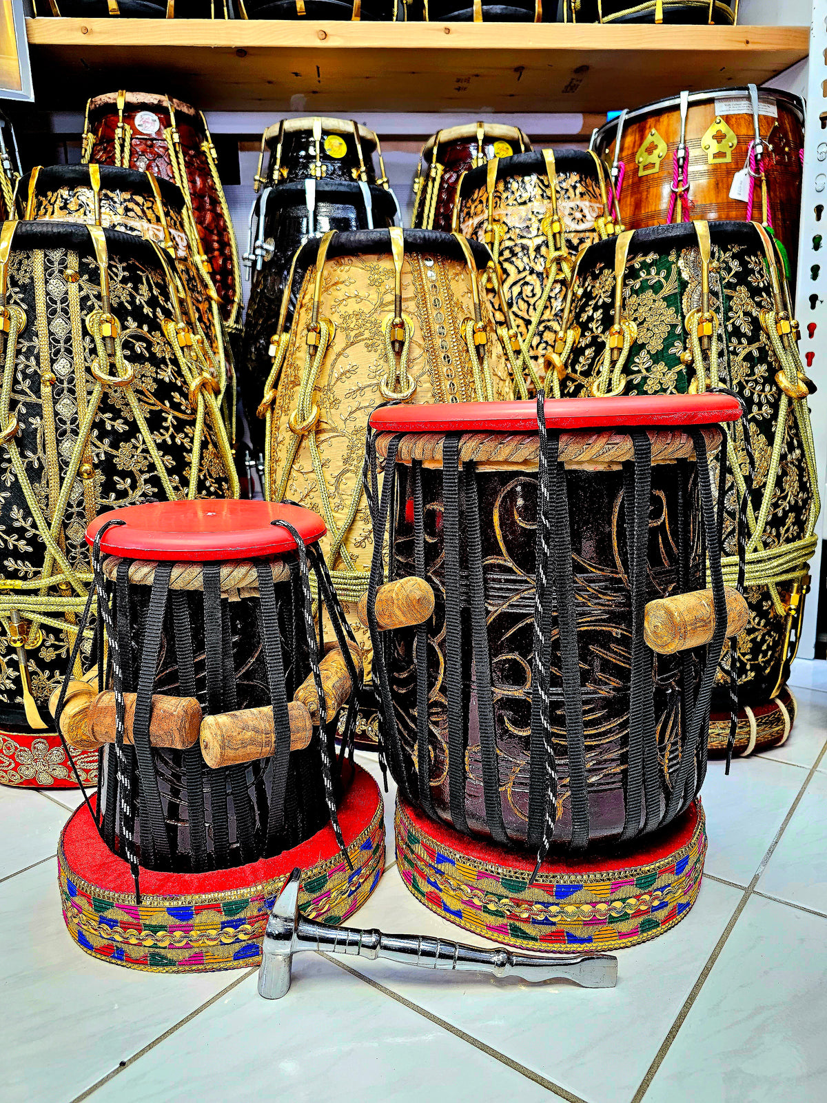 Resonant Rhythms™ Red Sheesham 5" E/F Encarved Dayan + 8.75" Encarved Dhamma Tabla Set *Very Slight Buzzing Sound*