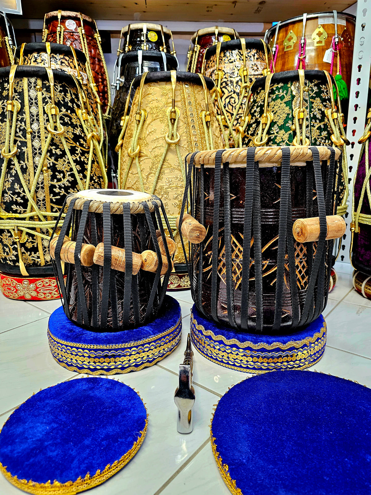 Harmonious Echoes: 5" E/F Encarved Red Sheesham Dayan + 9" Encarved Red Sheesham Dhamma Tabla Set - With Very Slight Buzz Defect