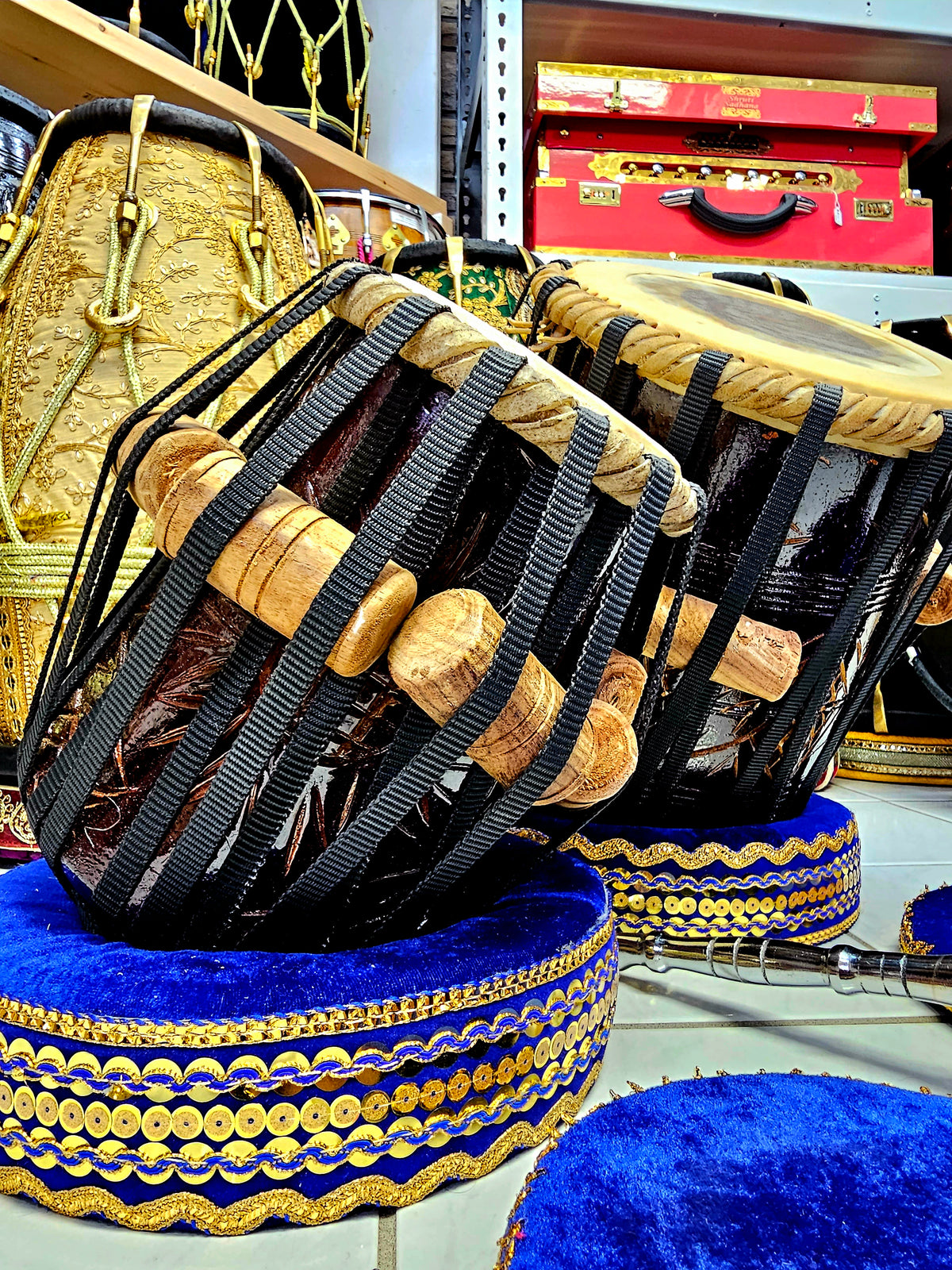 Harmonious Echoes: 5" E/F Encarved Red Sheesham Dayan + 9" Encarved Red Sheesham Dhamma Tabla Set - With Very Slight Buzz Defect