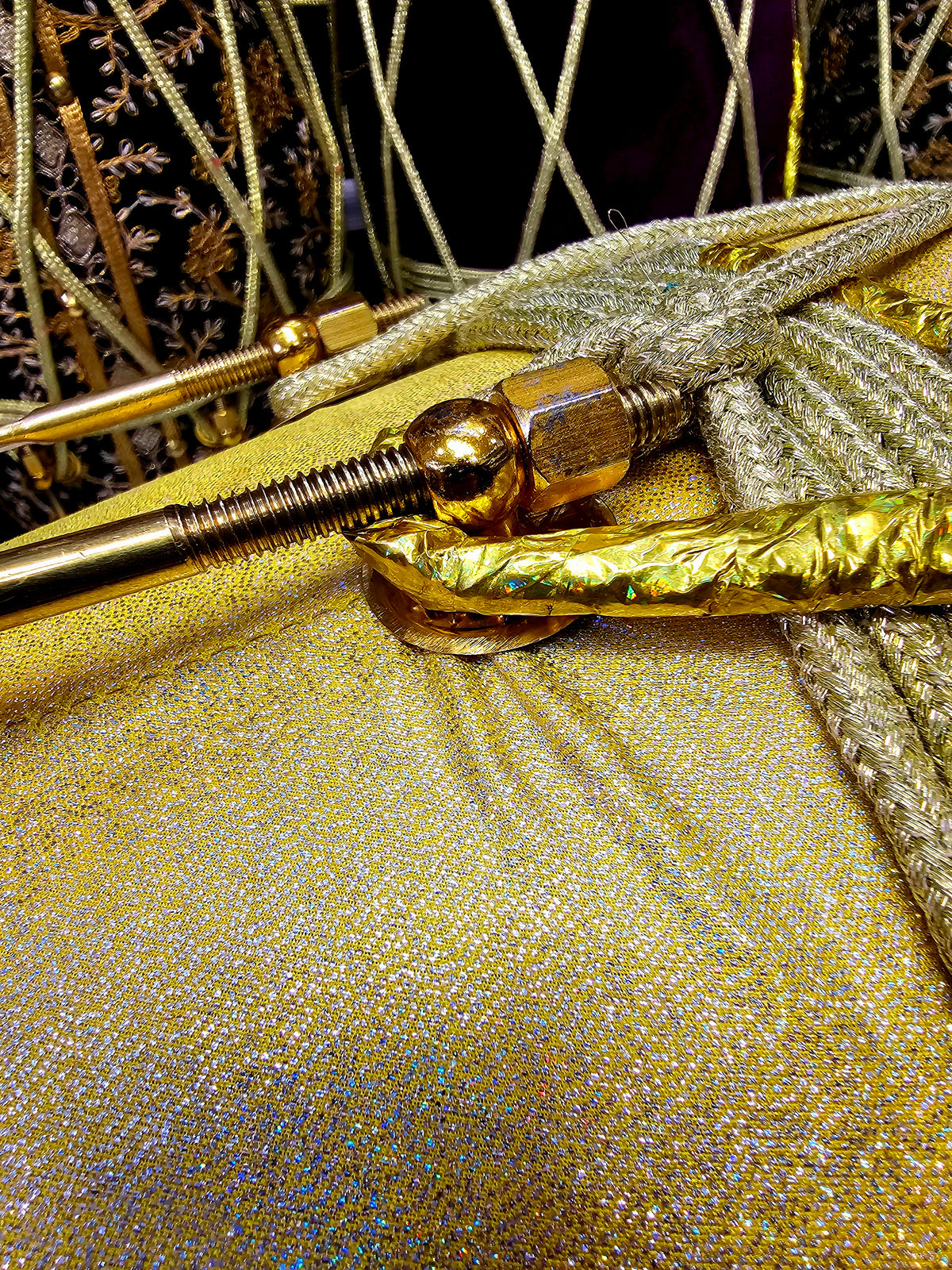 Radiant Rhythms: Golden Sparkly Wrapped Red Sheesham Dholak with Black Skins, Thin-Rimmed Treble Skin, and Golden Accents - *Slightly Imperfect Wrap