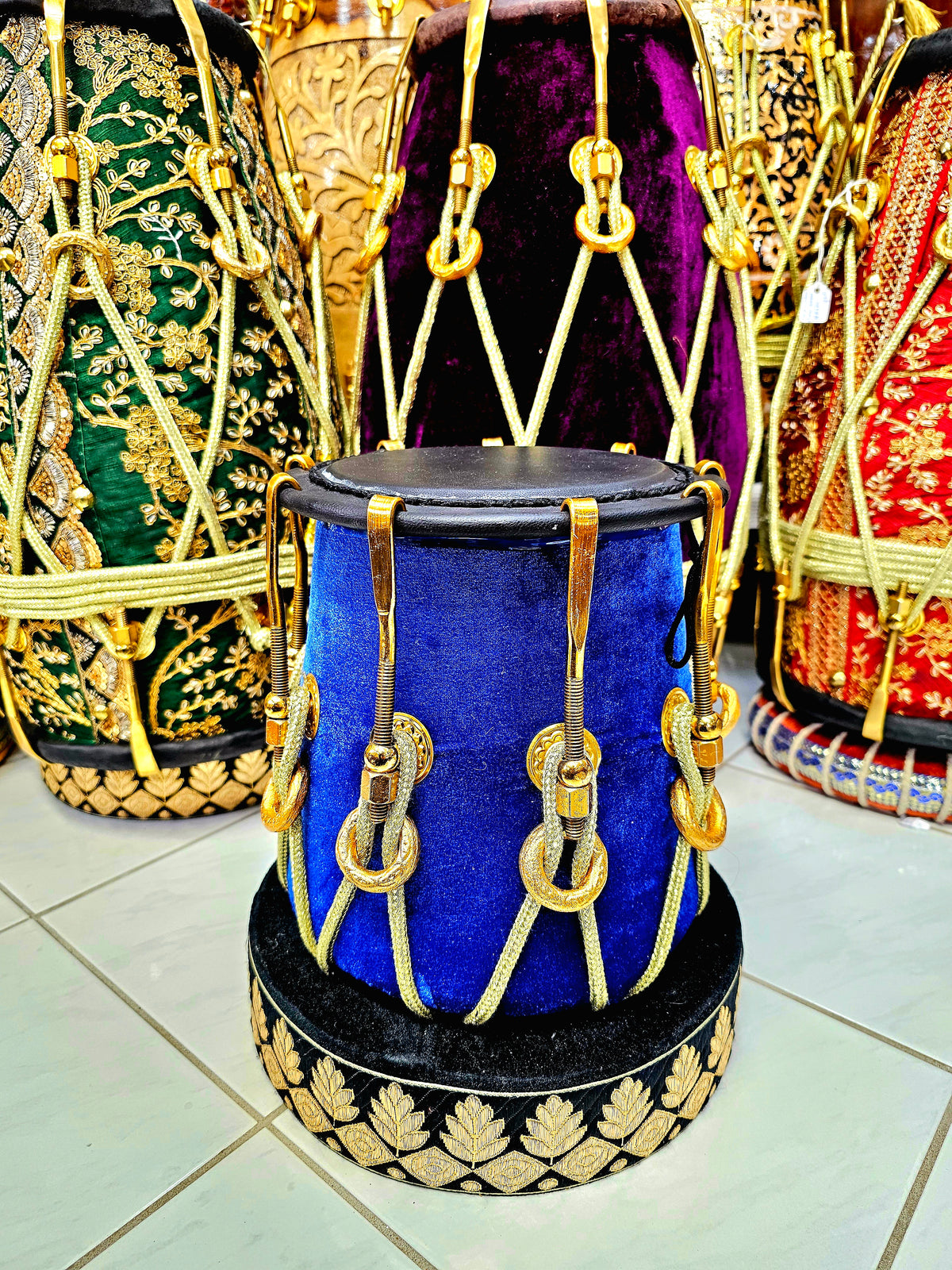 Sapphire Serenade: 6.25" Red Sheesham Half-Dholak with Blue Velvet Wrap, Golden Brass Accents, Ropes Design, and Ebony Black Skin *Minor Skin Discolouration*