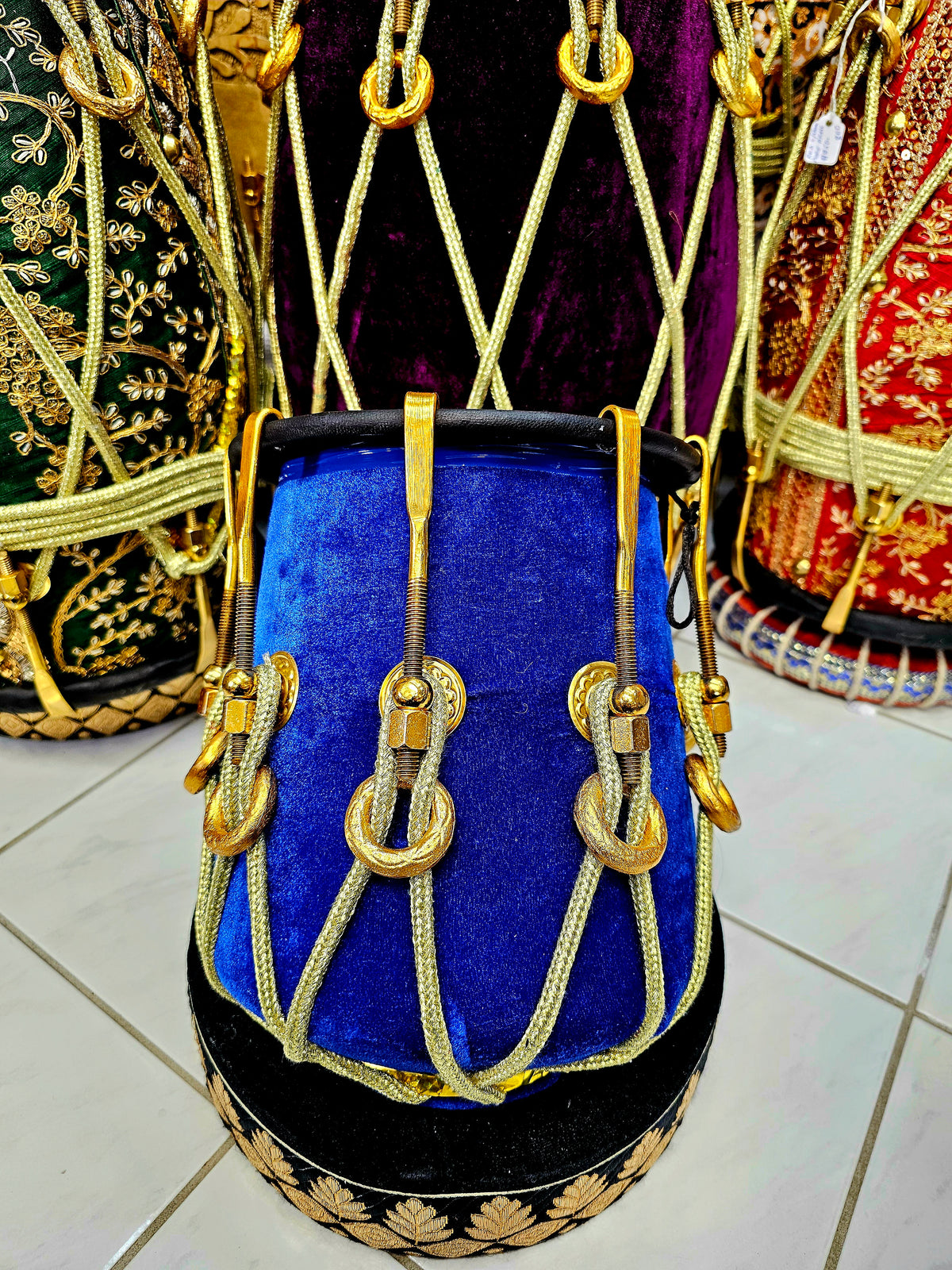 Sapphire Serenade: 6.25" Red Sheesham Half-Dholak with Blue Velvet Wrap, Golden Brass Accents, Ropes Design, and Ebony Black Skin *Minor Skin Discolouration*