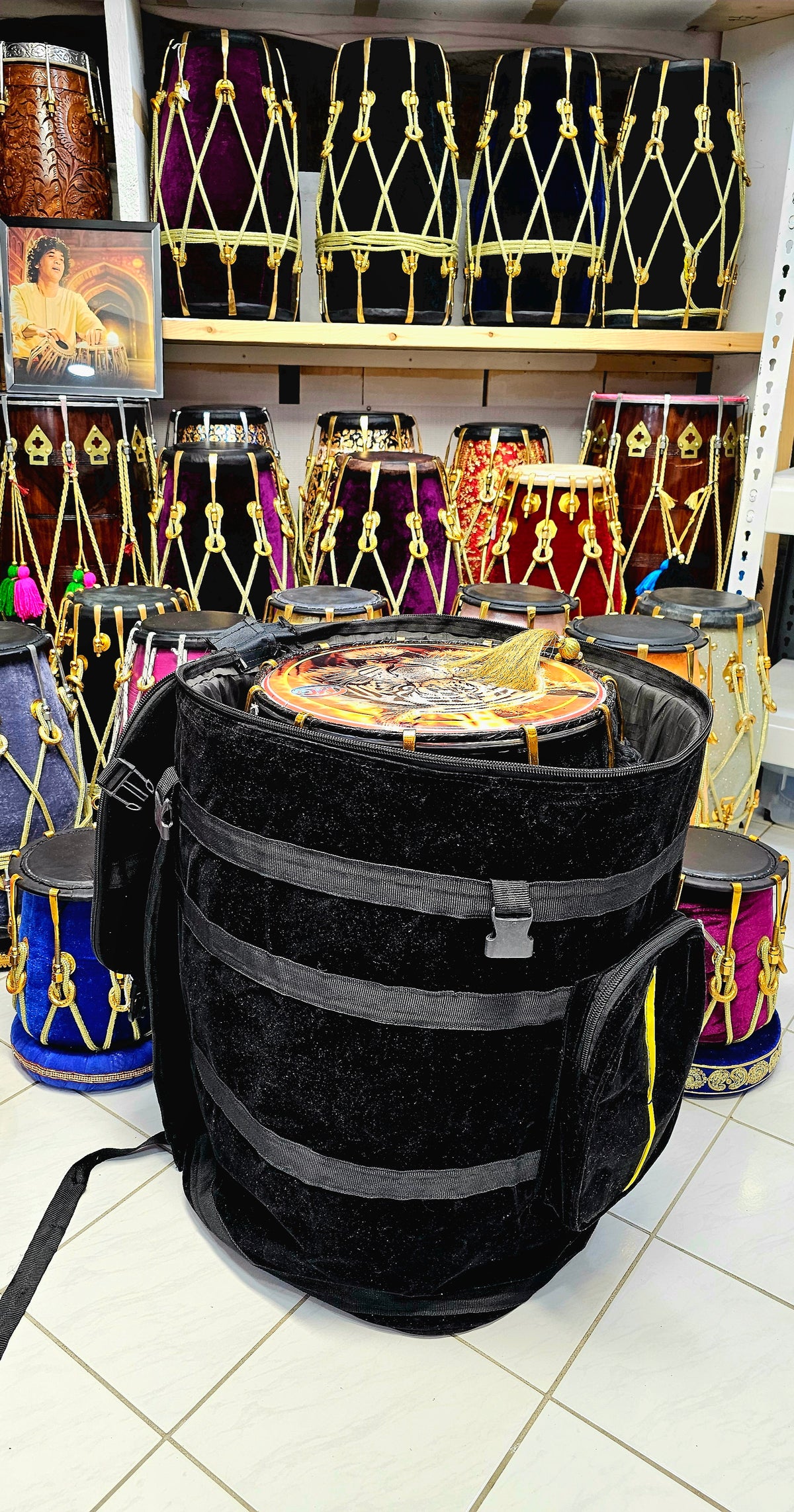 Royal Tiger Beat: Premium Black Velvet Wrapped Red Sheesham Punjabi Dhol