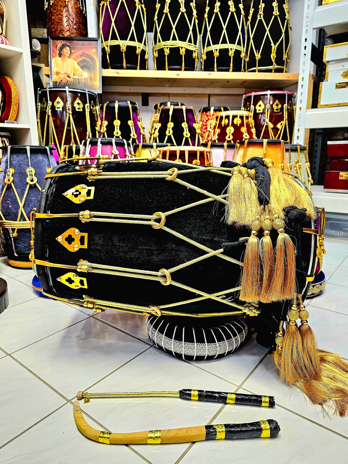 Royal Tiger Beat: Premium Black Velvet Wrapped Red Sheesham Punjabi Dhol