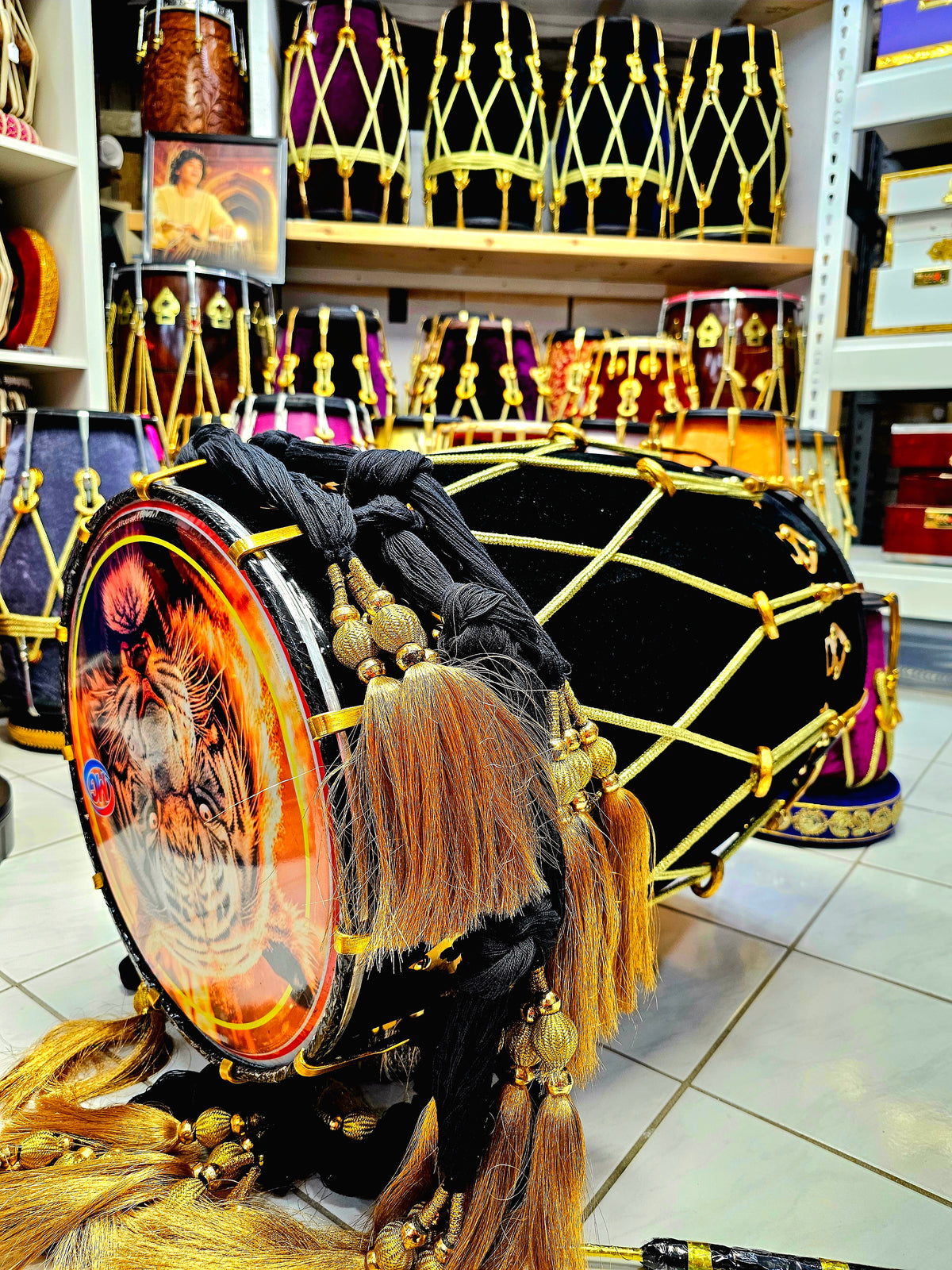 Royal Tiger Beat: Premium Black Velvet Wrapped Red Sheesham Punjabi Dhol
