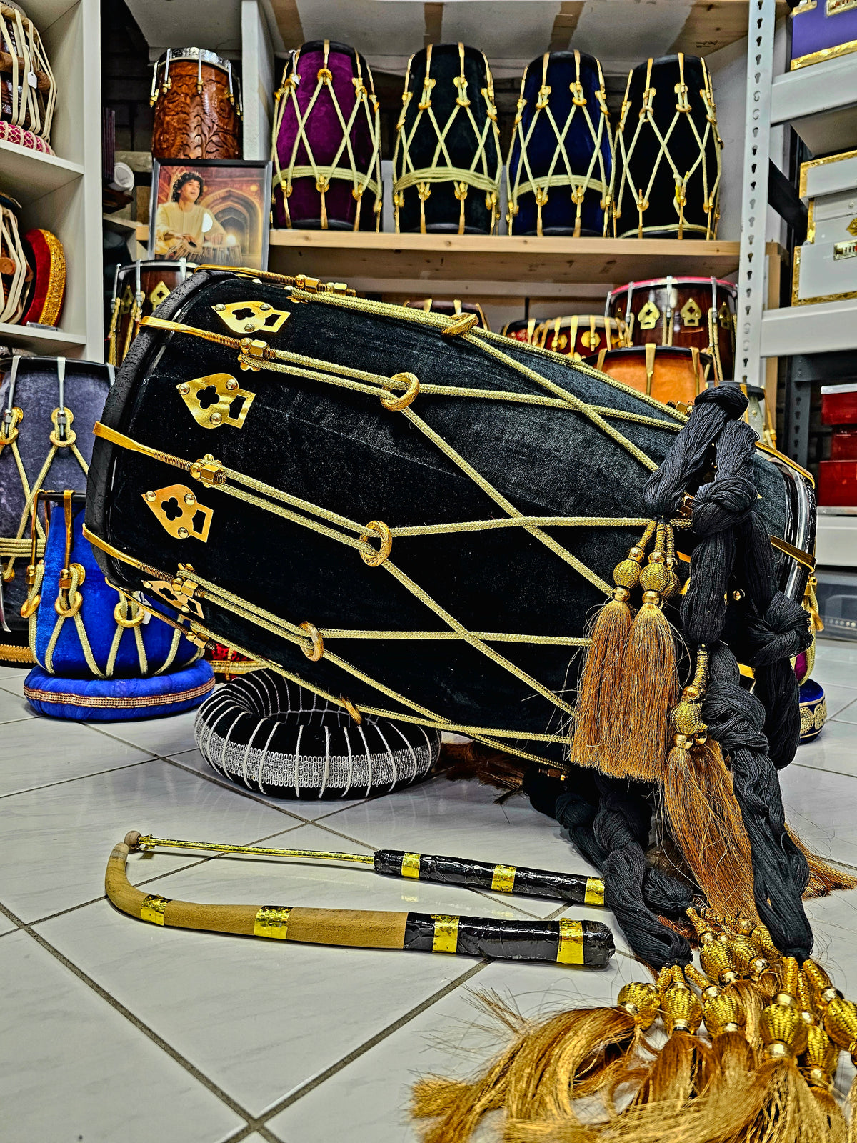 Royal Tiger Beat: Premium Black Velvet Wrapped Red Sheesham Punjabi Dhol