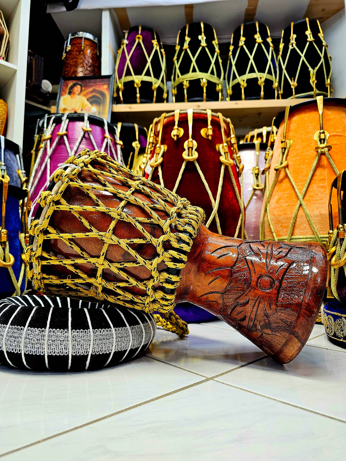Sunset Serenity: Compact Engraved Red Sheesham Djembe with Yellow Ropes and Black Accents