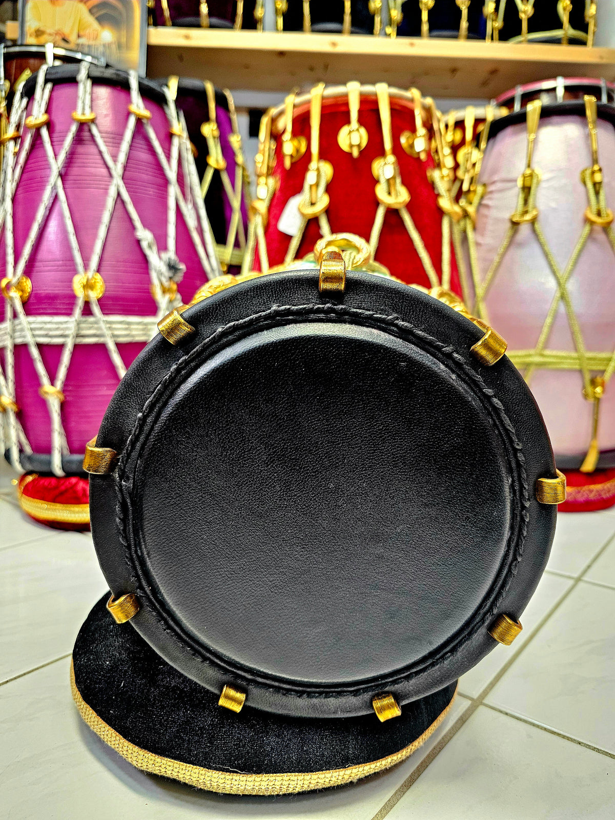 Royal Teal Symphony: Teal and Gold Sherwani Wrapped Red Sheesham Reverse Syaahi Half-Dholak with Golden Pure Brass Bolts, Thin-Rimmed Black Skin, and Golden Ropes Design