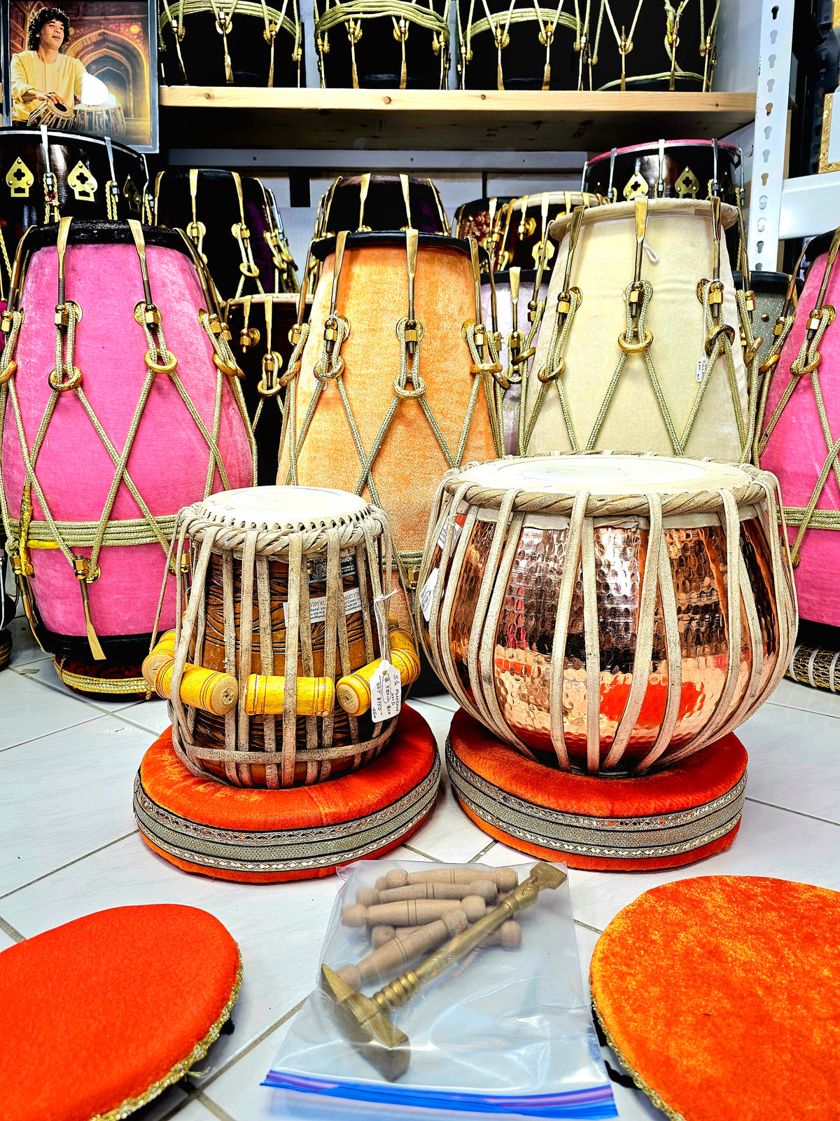 Mahogany Sonnet: 5.25" Mahogany Wood D# Dayan + 9.5" 4.1kg Bronze Copper Bayan Reverse Syaahi Exotic Professional Tabla Set *"Starting From" Price is for Dayan Only*