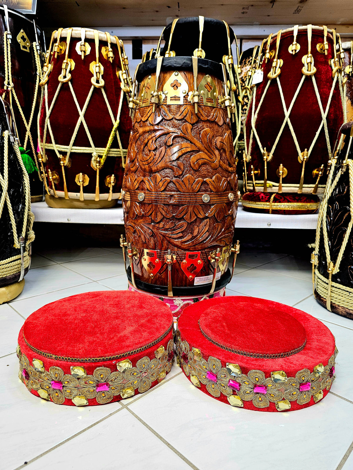 Ruby Radiance: Red Tabla Rings Set with Pink and Yellow Jewels (Minor Cosmetic Defects) - Sangeet Store