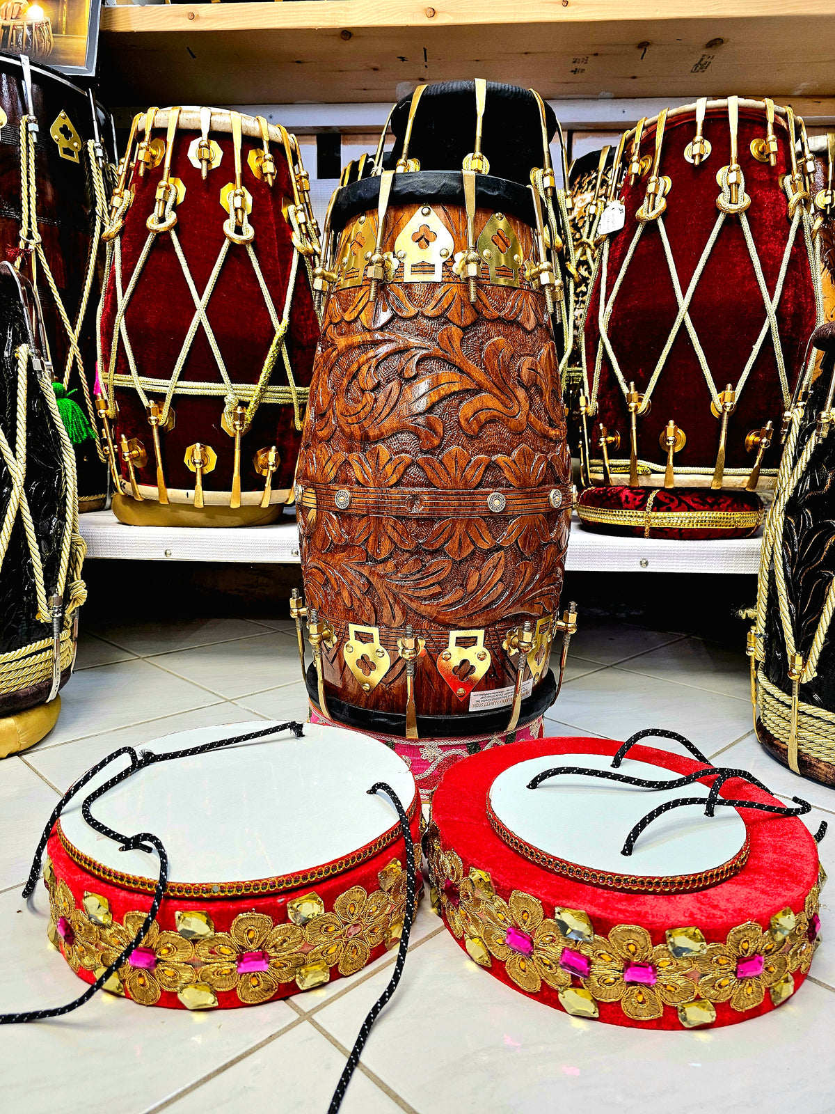 Ruby Radiance: Red Tabla Rings Set with Pink and Yellow Jewels (Minor Cosmetic Defects) - Sangeet Store