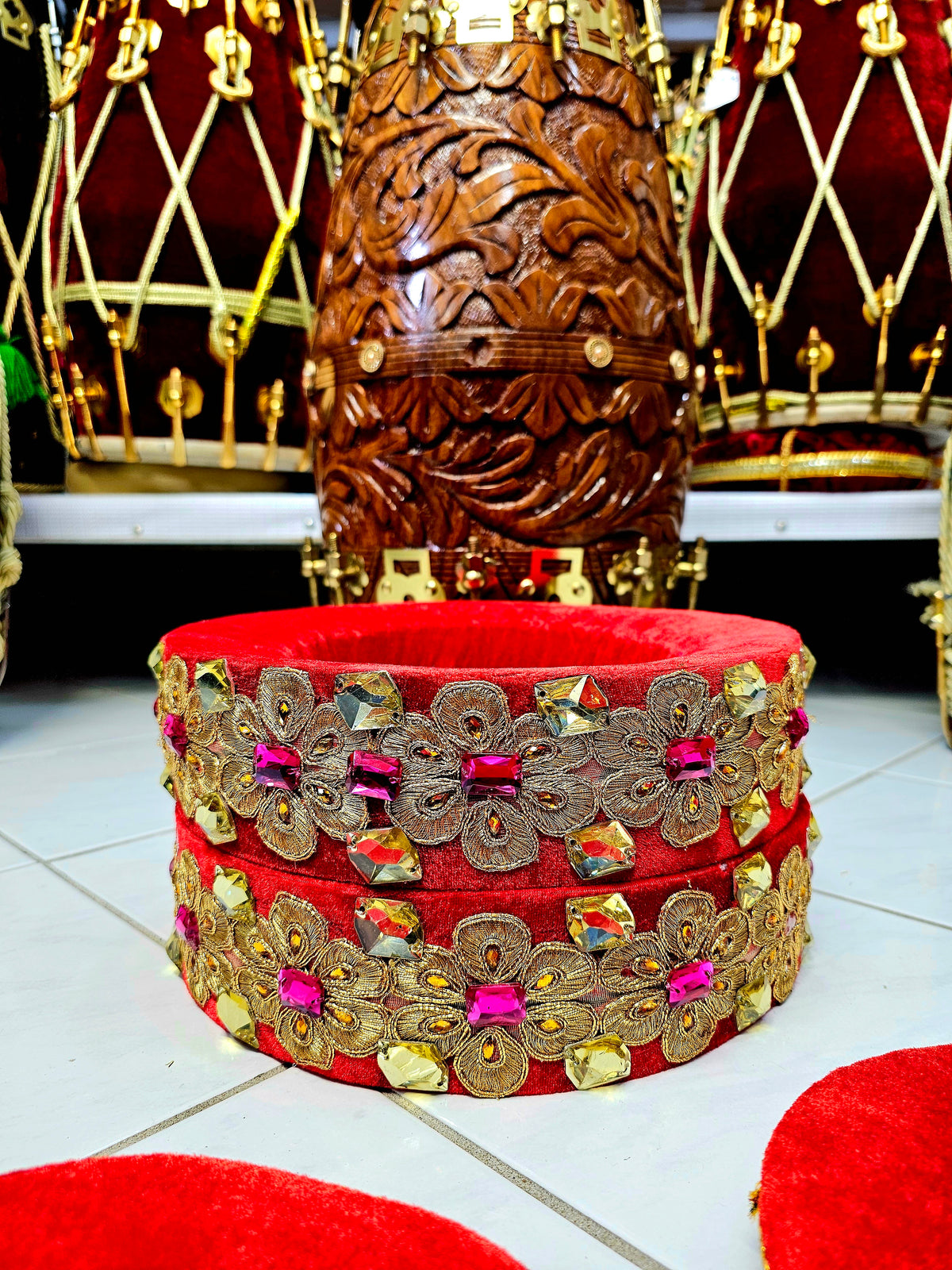 Ruby Radiance: Red Tabla Rings Set with Pink and Yellow Jewels (Minor Cosmetic Defects) - Sangeet Store