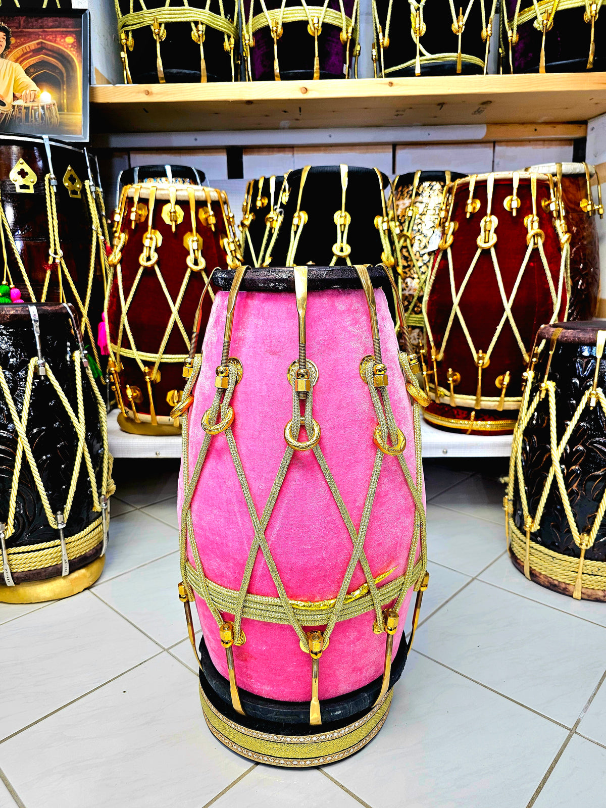Rose Velvet Serenade: Pink Velvet Dholak with Black Skins *Minor cosmetic defects on treble skin*