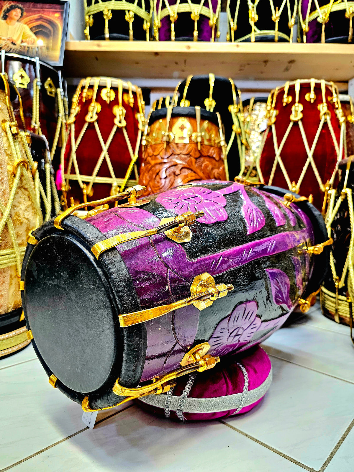 Orchid Blossom Painted Encarved Red Sheesham Dholak