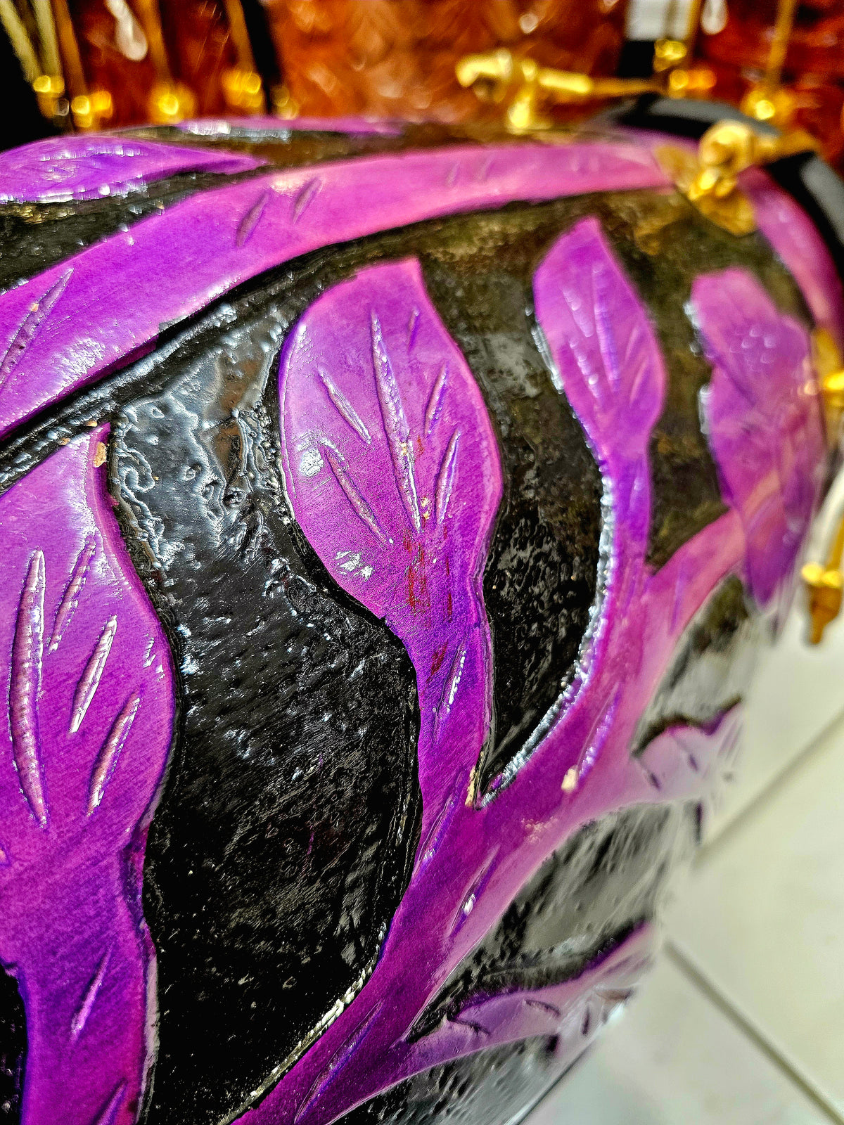 Orchid Blossom Painted Encarved Red Sheesham Dholak