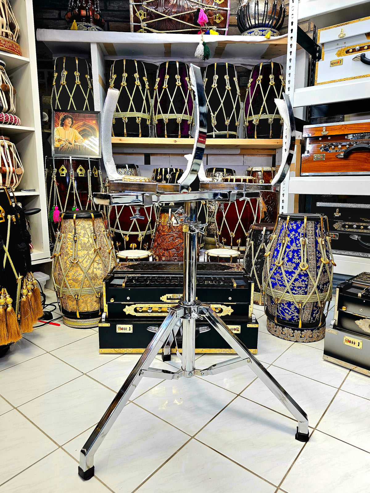 Silver VersaStand: Adjustable Dhol and Dholak Stand