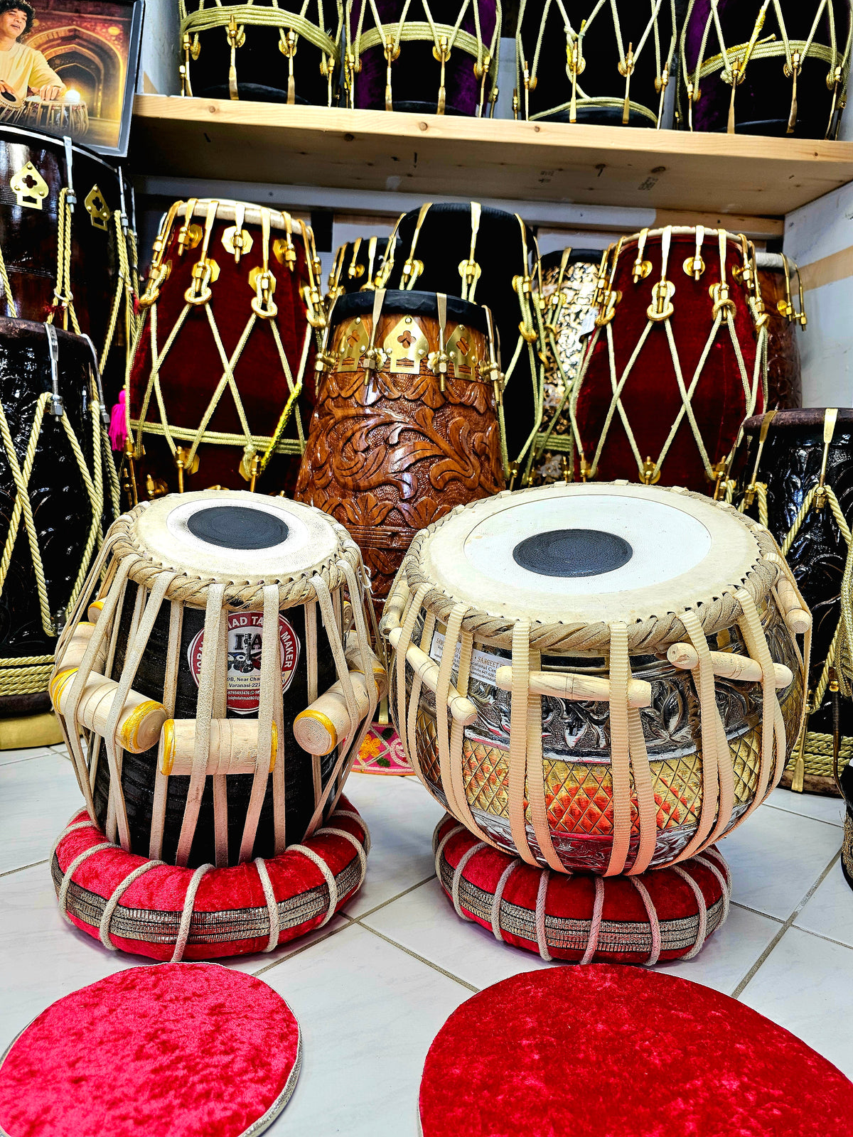 Majestic Harmony: 5.5" Bijessar Wood D# Dayan + 9.25" Encarved Brass Bayan Concert Tabla Set *"Starting From" Price is for Dayan Only* Slight Hissing