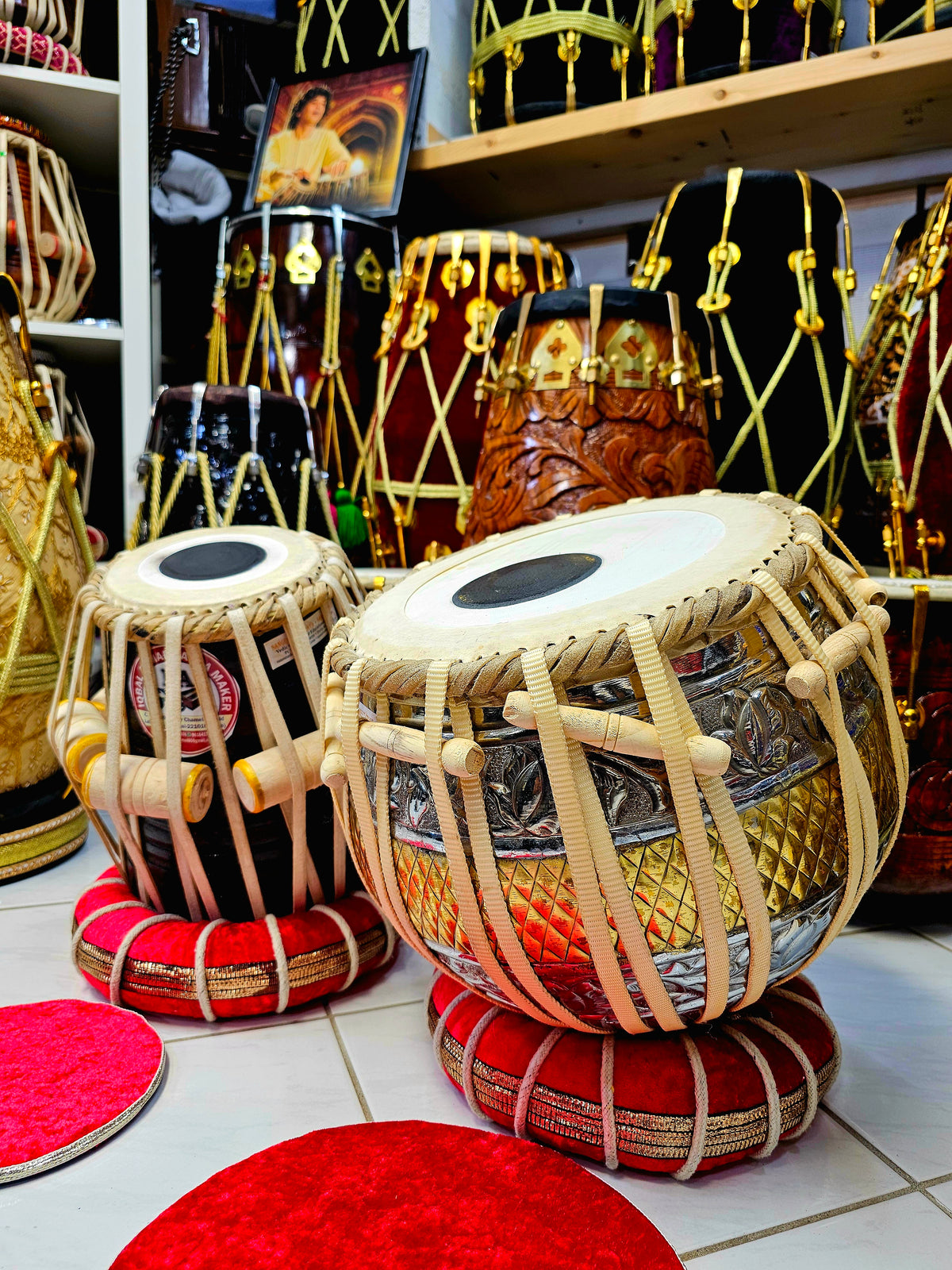 Majestic Harmony: 5.5" Bijessar Wood D# Dayan + 9.25" Encarved Brass Bayan Concert Tabla Set *"Starting From" Price is for Dayan Only* Slight Hissing