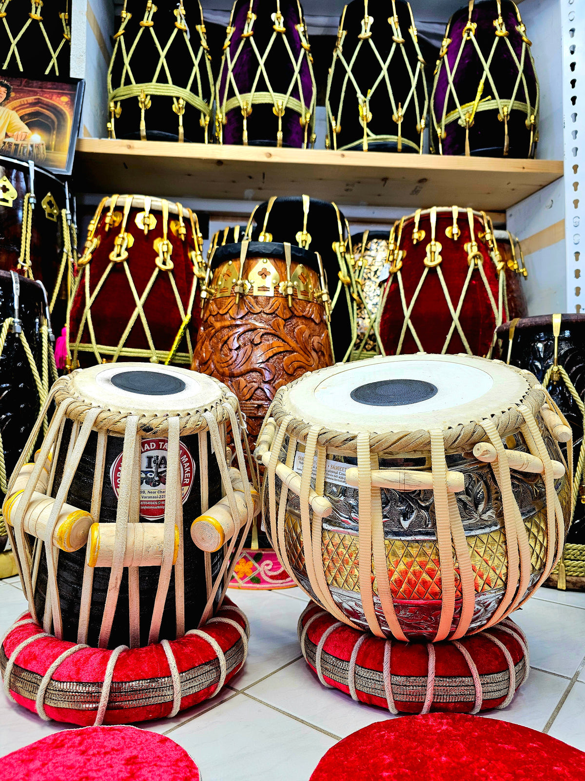 Majestic Harmony: 5.5" Bijessar Wood D# Dayan + 9.25" Encarved Brass Bayan Concert Tabla Set *"Starting From" Price is for Dayan Only* Slight Hissing