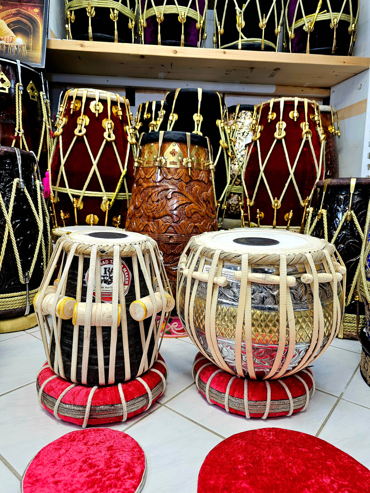 Majestic Harmony: 5.5" Bijessar Wood D# Dayan + 9.25" Encarved Brass Bayan Concert Tabla Set *"Starting From" Price is for Dayan Only* Slight Hissing