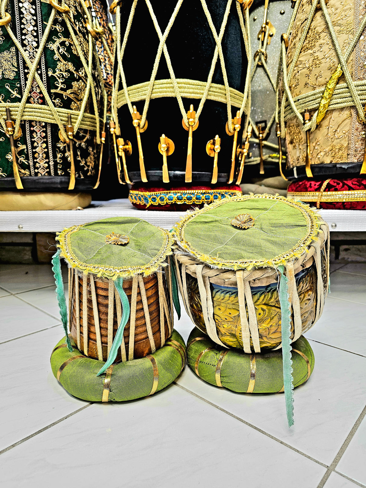 Regal Harmony Decorative Mini Tabla Set (Gold & Blue Engraved Bayan, Wooden Dayan, Minor Cosmetic Defects) - Sangeet Store