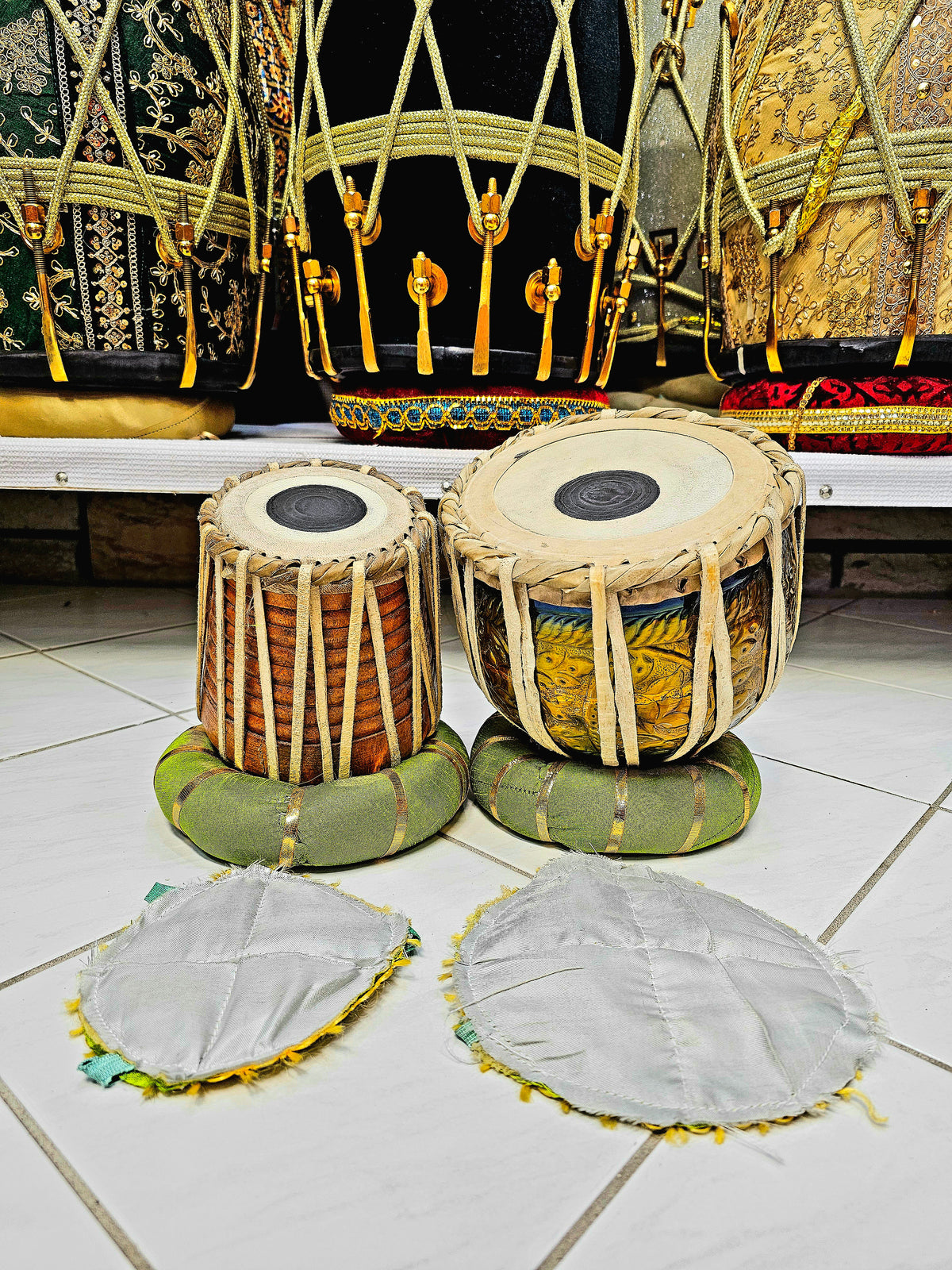 Regal Harmony Decorative Mini Tabla Set (Gold & Blue Engraved Bayan, Wooden Dayan, Minor Cosmetic Defects) - Sangeet Store