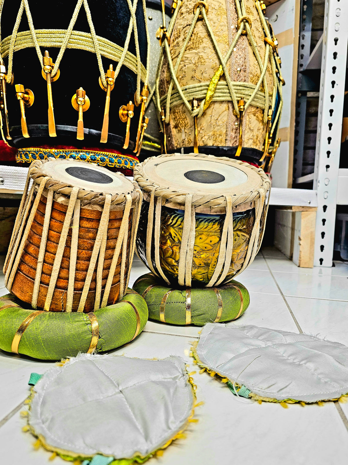 Regal Harmony Decorative Mini Tabla Set (Gold & Blue Engraved Bayan, Wooden Dayan, Minor Cosmetic Defects) - Sangeet Store