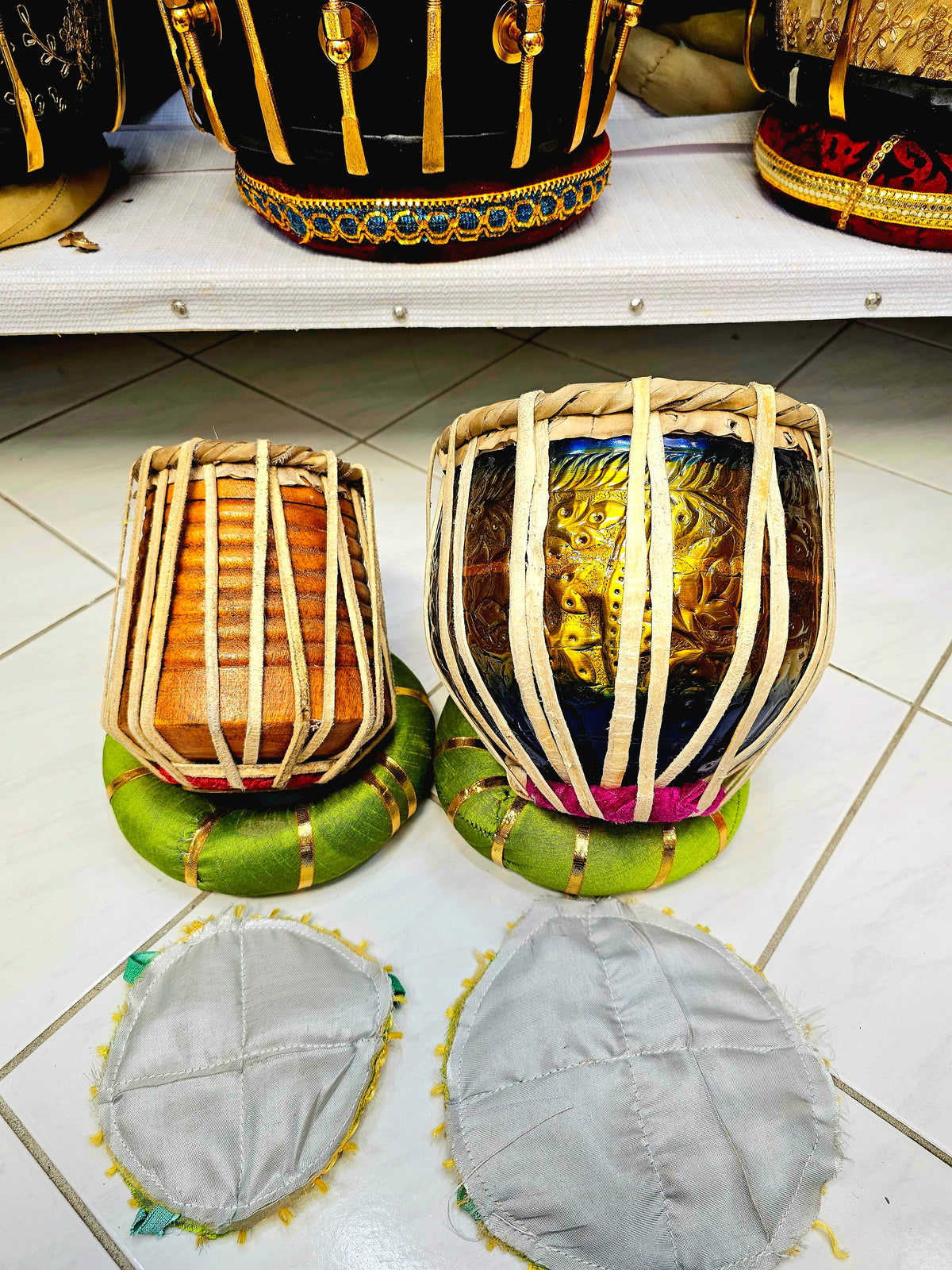 Regal Harmony Decorative Mini Tabla Set (Gold & Blue Engraved Bayan, Wooden Dayan, Minor Cosmetic Defects) - Sangeet Store