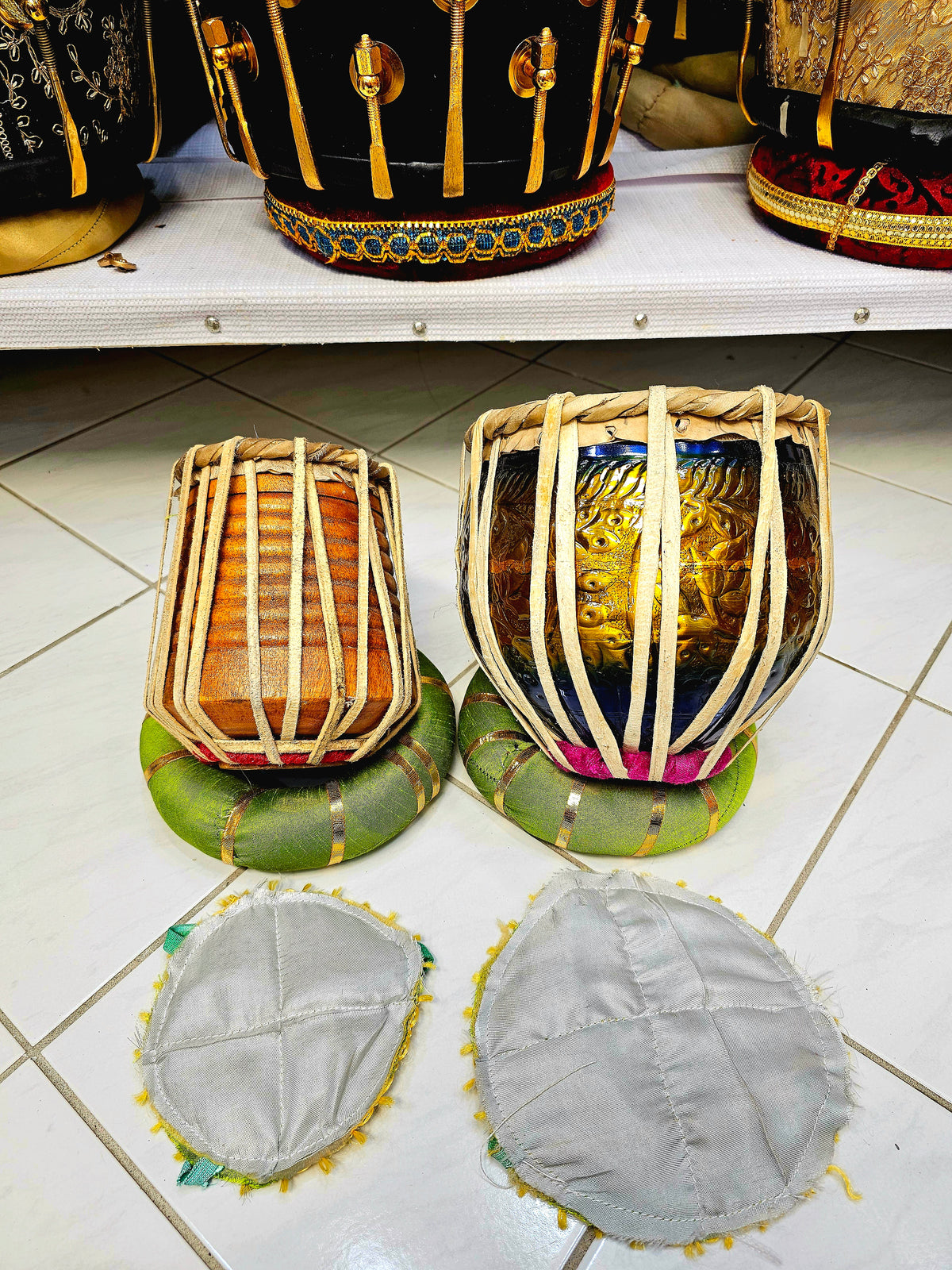 Regal Harmony Decorative Mini Tabla Set (Gold & Blue Engraved Bayan, Wooden Dayan, Minor Cosmetic Defects) - Sangeet Store