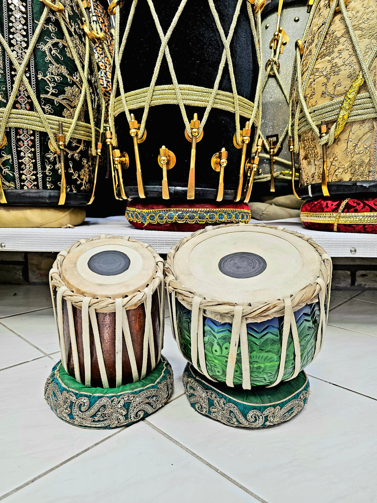 Tranquil Melody Decorative Mini Tabla Set (Green & Blue Bayan, Wooden Dayan) - Sangeet Store