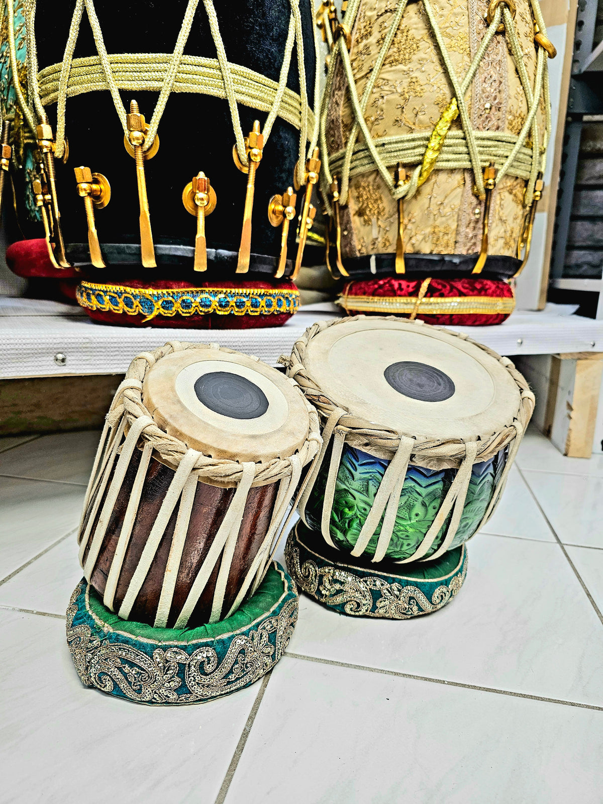 Tranquil Melody Decorative Mini Tabla Set (Green & Blue Bayan, Wooden Dayan) - Sangeet Store