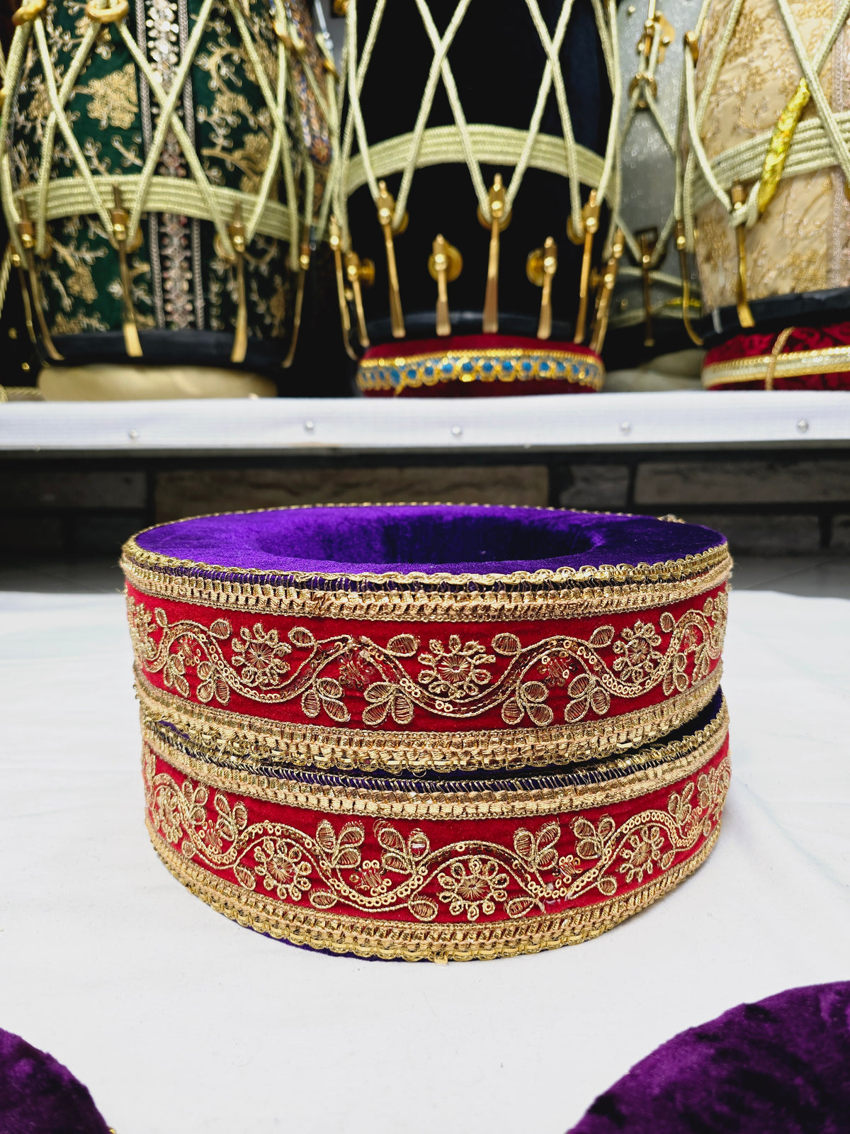 Royal Amethyst Tabla Rings – Premium Purple with Gold & Red Felt Design - Sangeet Store