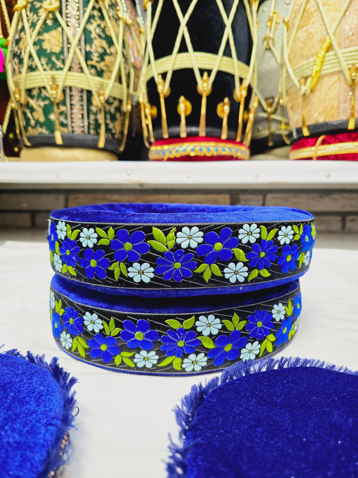 Sapphire Bloom Tabla Rings – Premium Blue with Floral Design - Sangeet Store