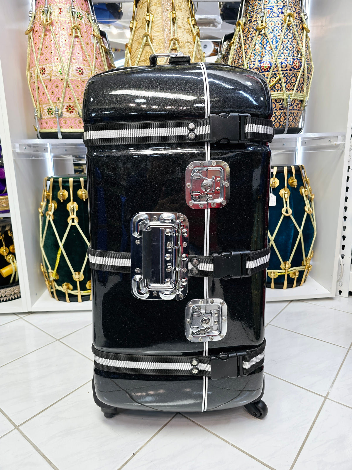 Lustre Line: Glossy Pearl Black and Grey Tabla/Dholak Case with 360° Wheels (Cosmetic Defects) - Sangeet Store