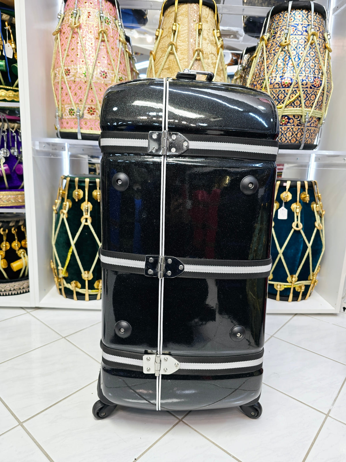 Lustre Line: Glossy Pearl Black and Grey Tabla/Dholak Case with 360° Wheels (Cosmetic Defects) - Sangeet Store