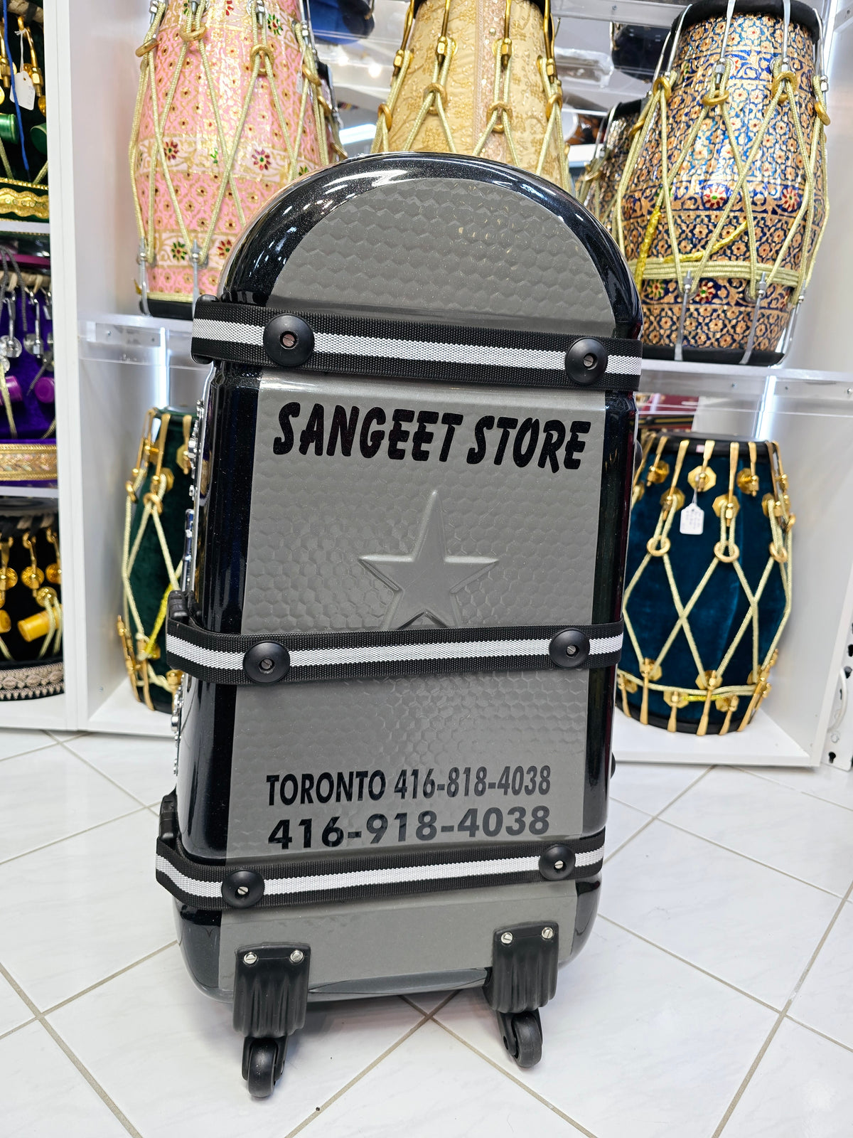 Lustre Line: Glossy Pearl Black and Grey Tabla/Dholak Case with 360° Wheels (Cosmetic Defects) - Sangeet Store