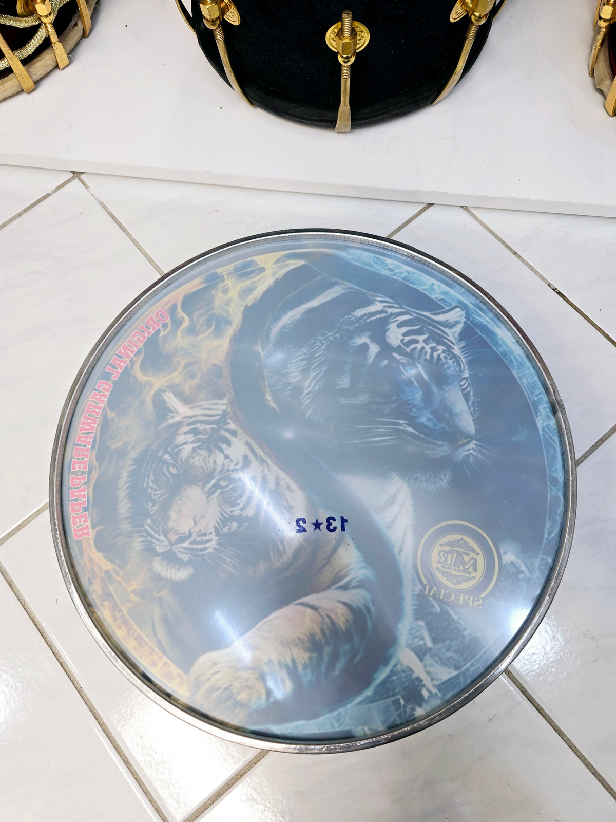 Dual Tiger 13.2" Dhol Treble Skin – Blue & Yellow Fire Edition - Sangeet Store