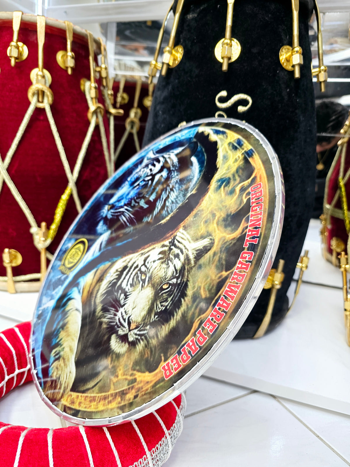 Dual Tiger 13.2" Dhol Treble Skin – Blue & Yellow Fire Edition - Sangeet Store