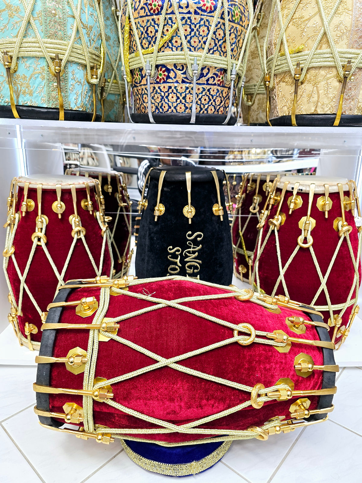 Velvet Ember Dholak: Red Sheesham with Black Skins & Golden Brass Double Bolts