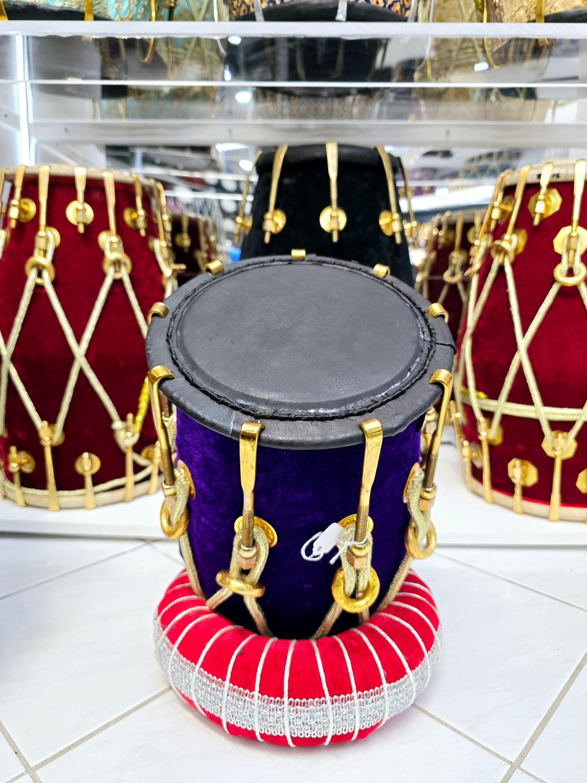 Velvet Majesty "Ember" Dholki-Toned F/F#/G/G# Half Dholak – Red Sheesham Wrapped in Purple Velvet with Golden Brass Bolts & Black Skins