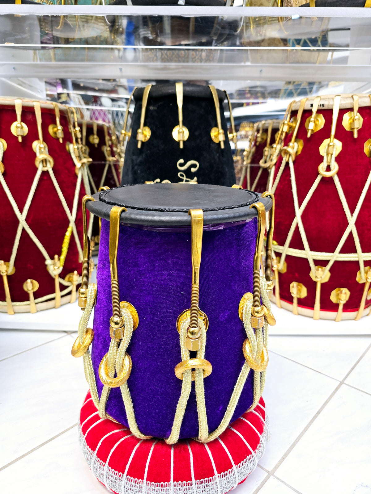 Velvet Majesty "Ember" Dholki-Toned F/F#/G/G# Half Dholak – Red Sheesham Wrapped in Purple Velvet with Golden Brass Bolts & Black Skins