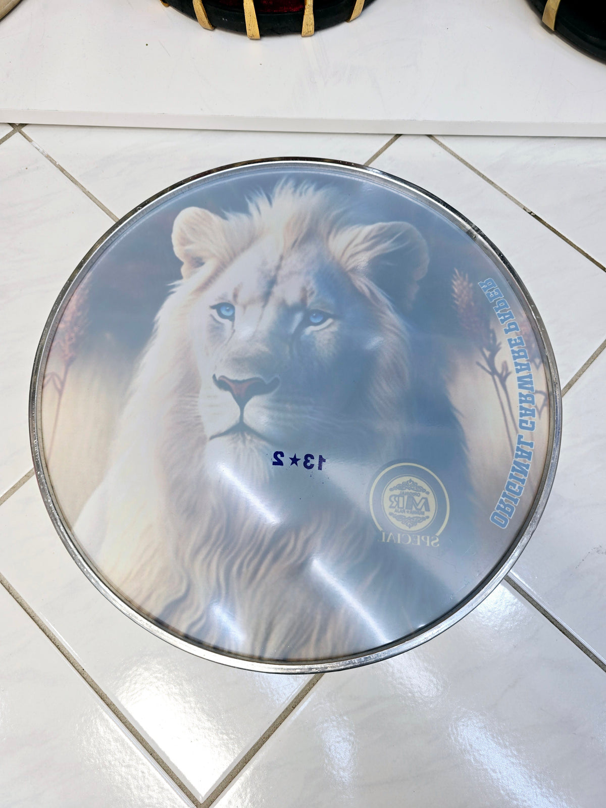 Sapphire Majesty 13.2" Dhol Treble Skin – White Lion with Blue Eyes - Sangeet Store