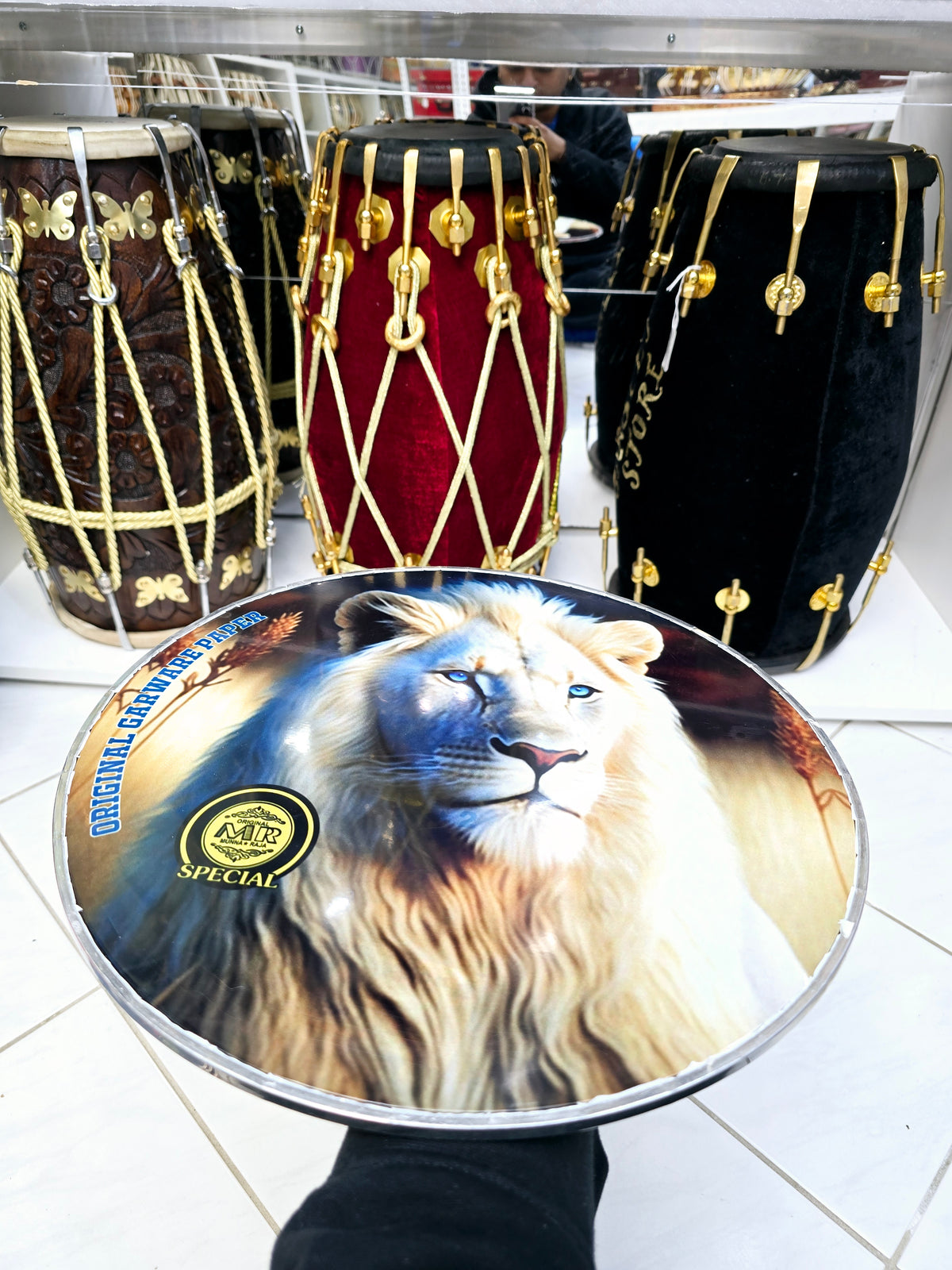 Sapphire Majesty 13.2" Dhol Treble Skin – White Lion with Blue Eyes - Sangeet Store