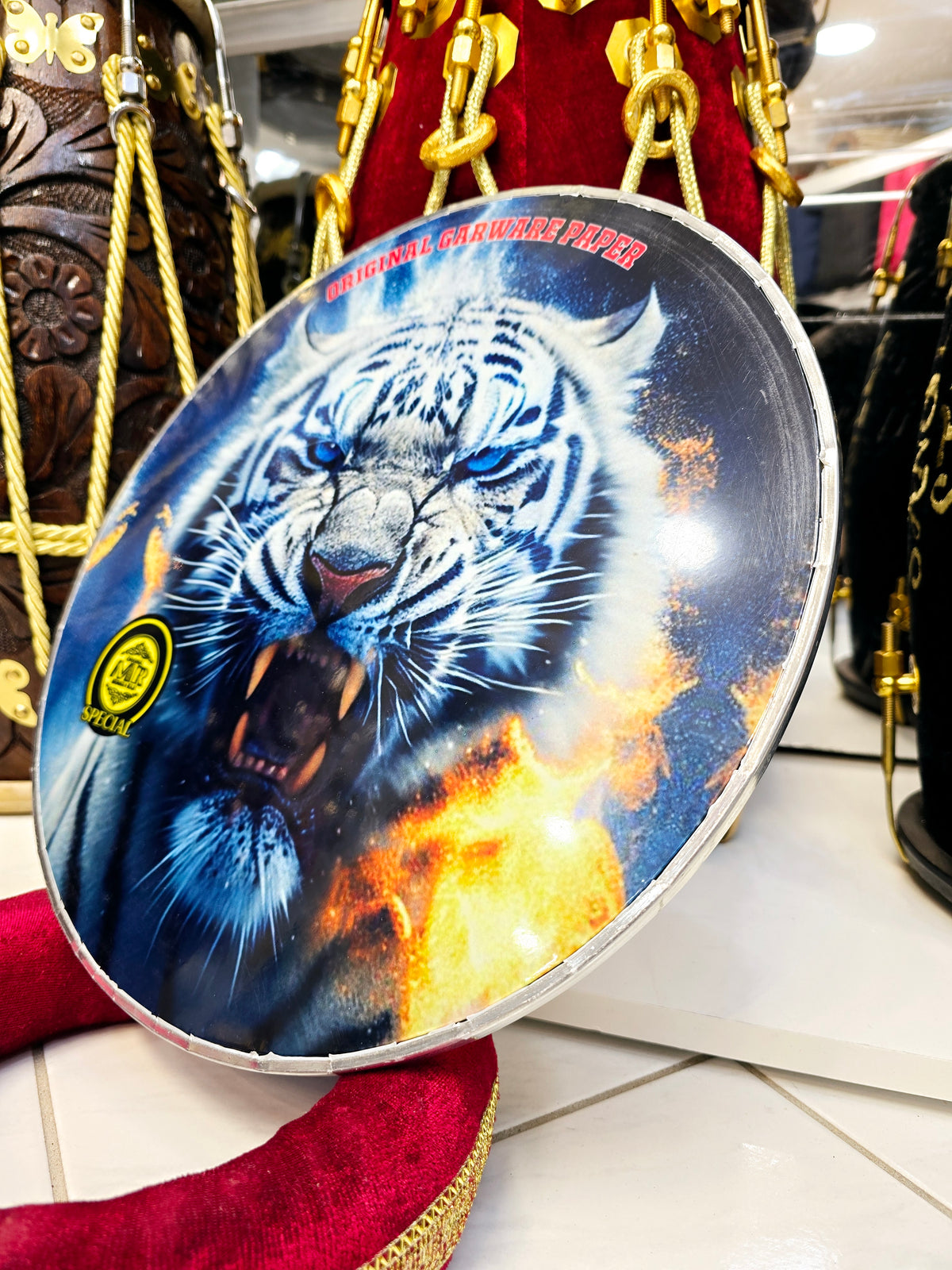 Inferno Frost 13.6" Dhol Treble Skin – White Tiger with Blue Eyes, Surrounded by Fire & Blue Tint - Sangeet Store