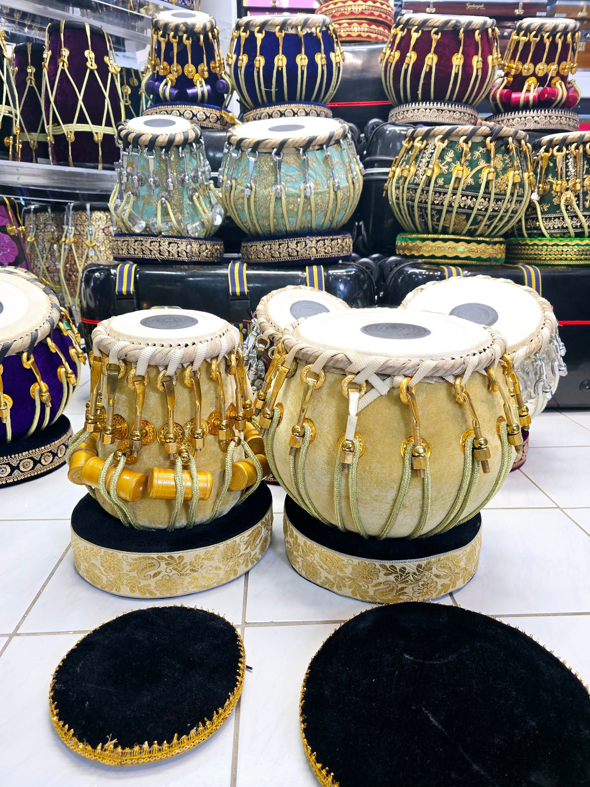 Golden Resonance Velvet Tabla Set – Red Sheesham Dayan & Copper Bayan with Pure Brass Bolts *Very Slight Ringing Sound* *Rings & Covers Replaced with Golden Velvet Coloured Ones (See Final Picture)*