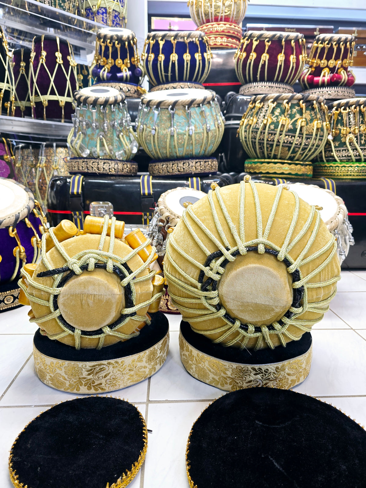 Golden Resonance Velvet Tabla Set – Red Sheesham Dayan & Copper Bayan with Pure Brass Bolts *Very Slight Ringing Sound* *Rings & Covers Replaced with Golden Velvet Coloured Ones (See Final Picture)*
